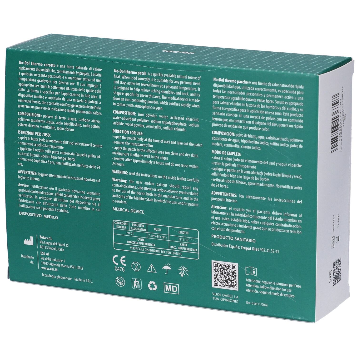 Retro della confezione ESI No Dol Thermo Cerotto Cervicale. Testo multilingue, ingredienti.