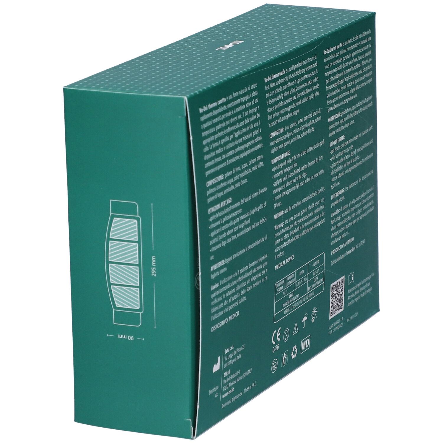 Vista laterale della confezione ESI No Dol Thermo Cerotto Cervicale. Immagine e dimensioni del prodotto.