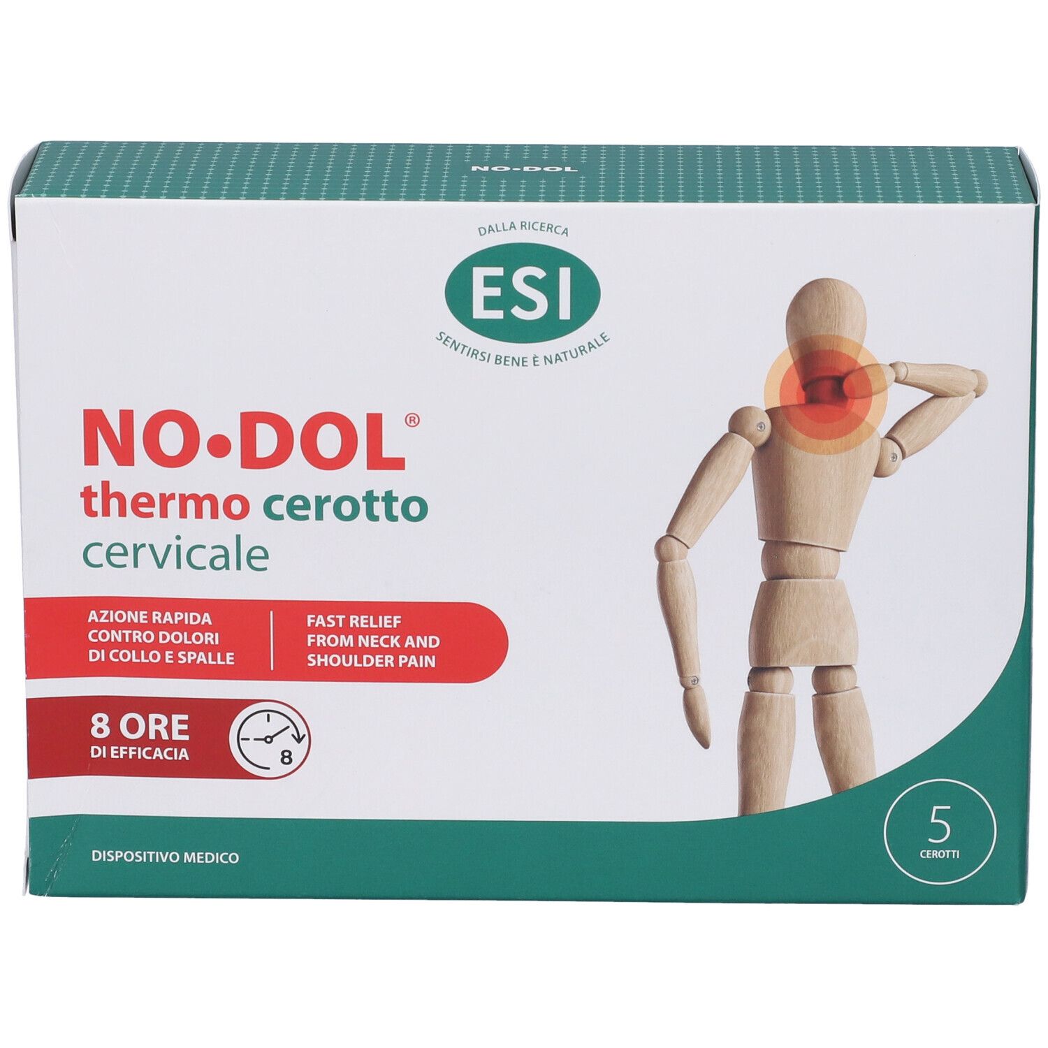 Scatola di ESI No Dol Thermo Cerotto Cervicale. Immagine e nome del prodotto. 5 pezzi.