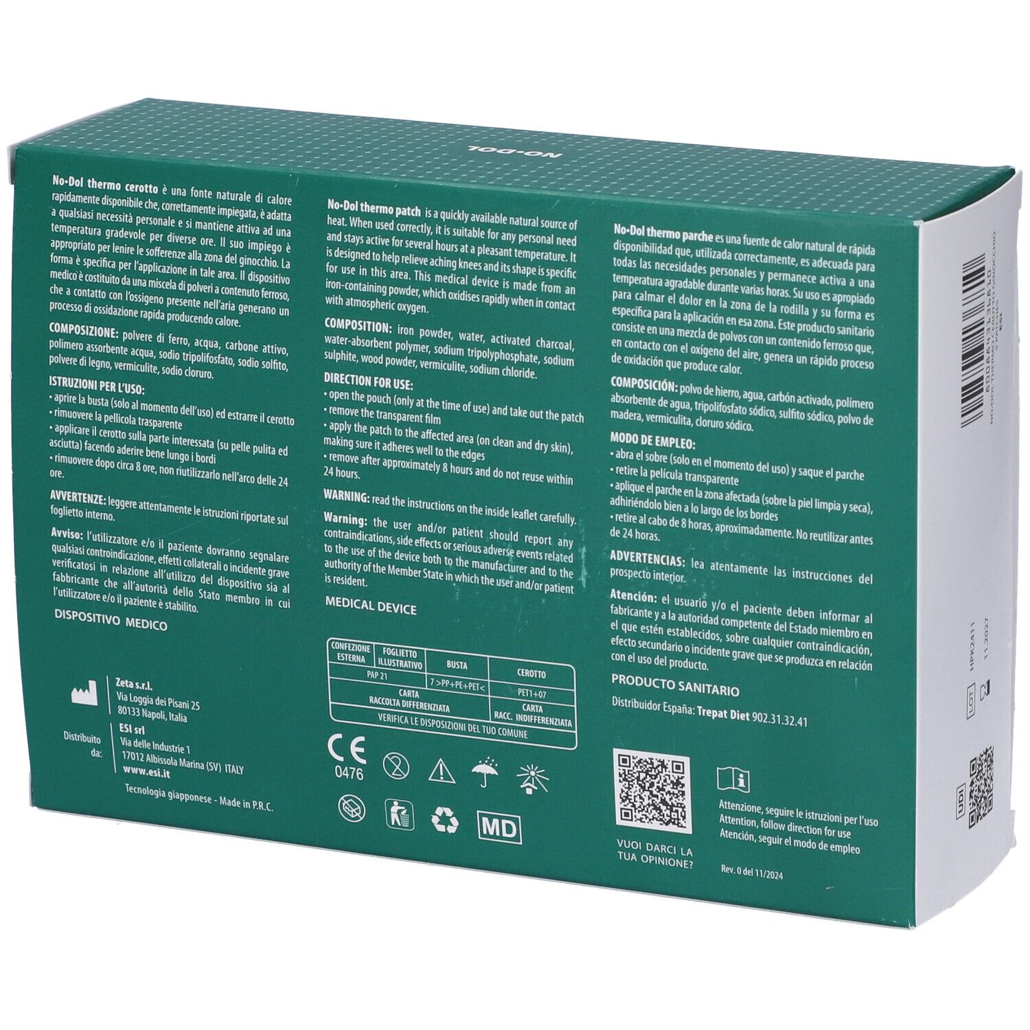 Retro della confezione di ESI No Dol Thermo Cerotto Ginocchio. Testo multilingue, ingredienti.