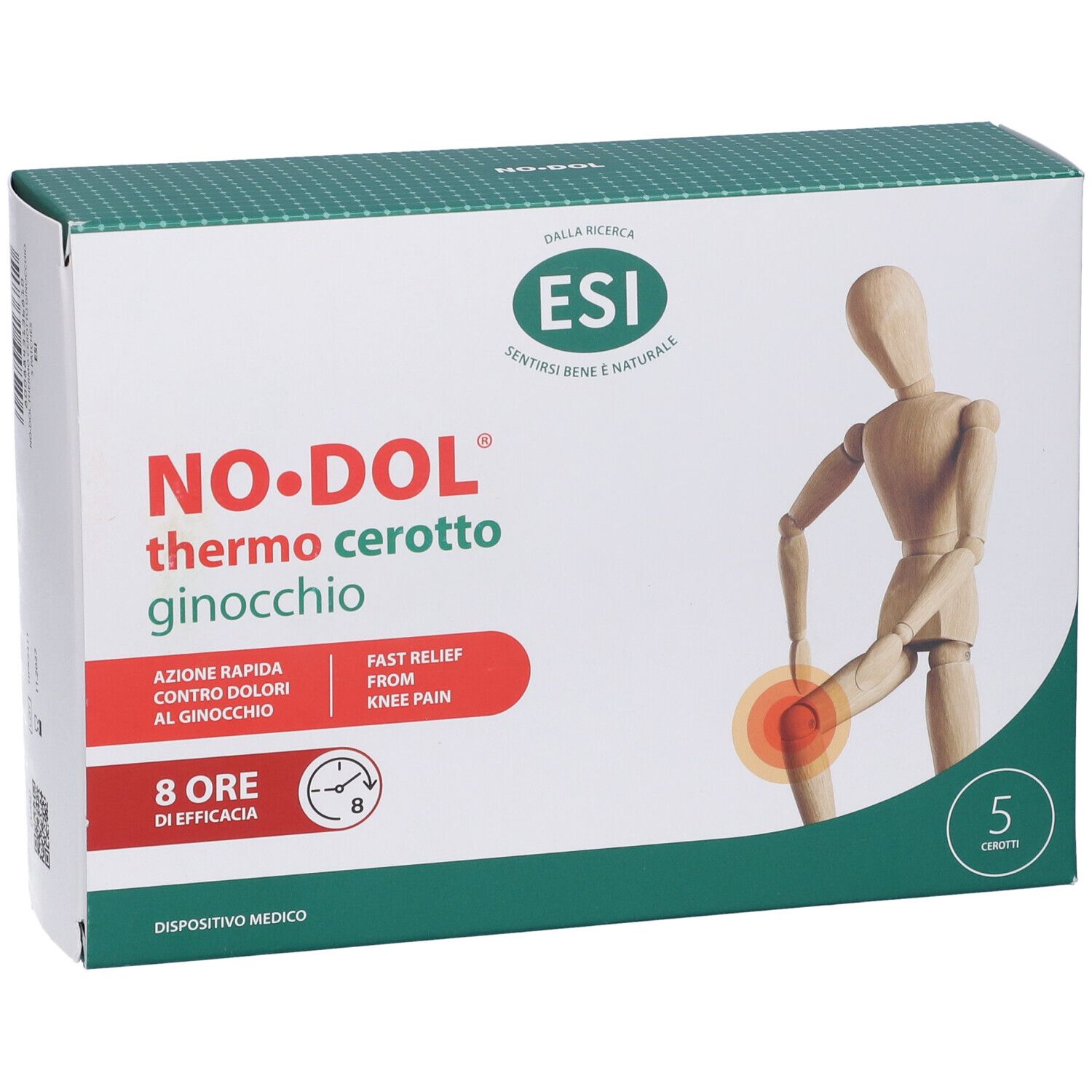 Scatola di ESI No Dol Thermo Cerotto Ginocchio. Contiene 5 cerotti. Immagine di un ginocchio con area di dolore.