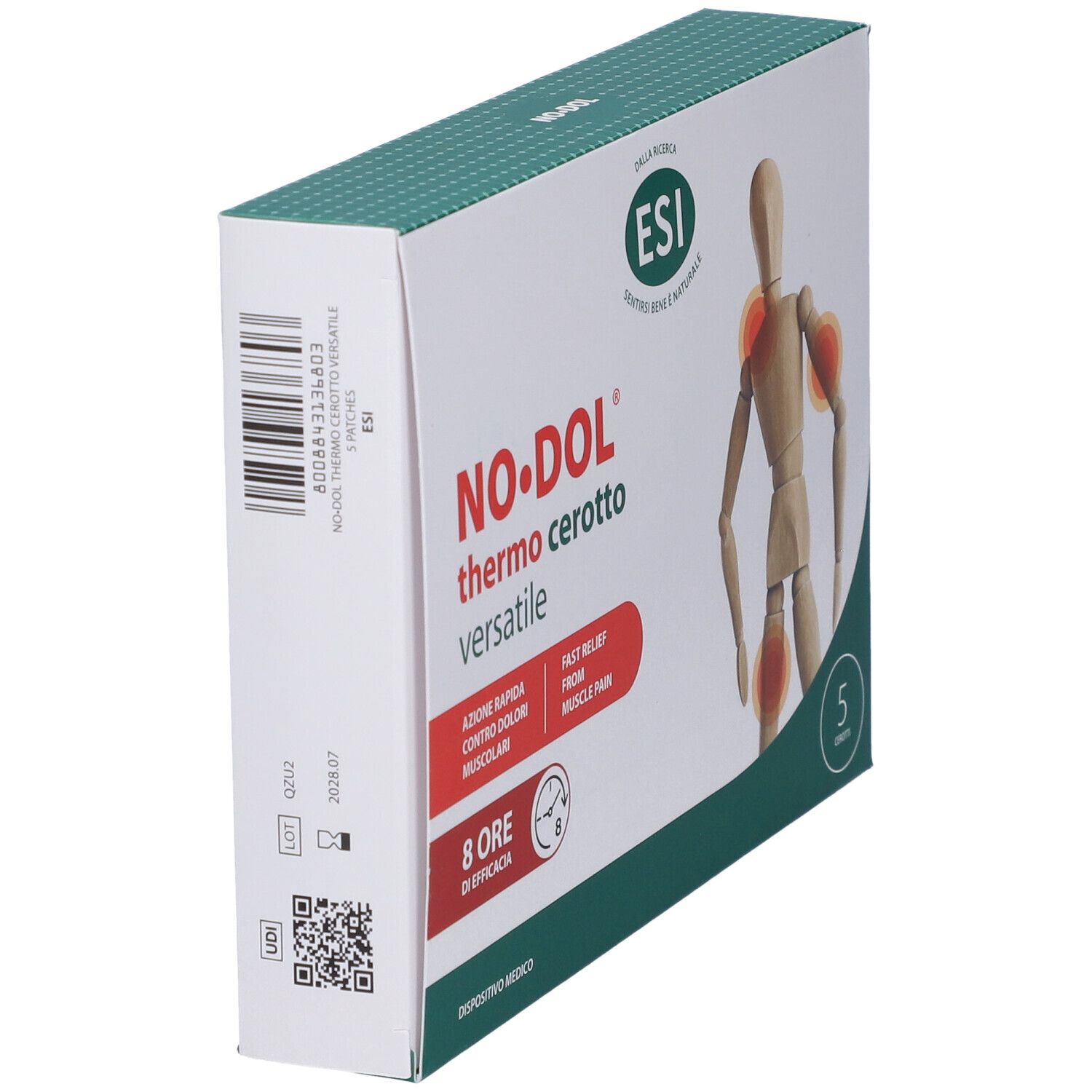 Scatola in diagonale. Scritta: NO.DOL thermo cerotto versatile. 5 pezzi. Logo ESI. Dispositivo medico. Codice a barre e QR.