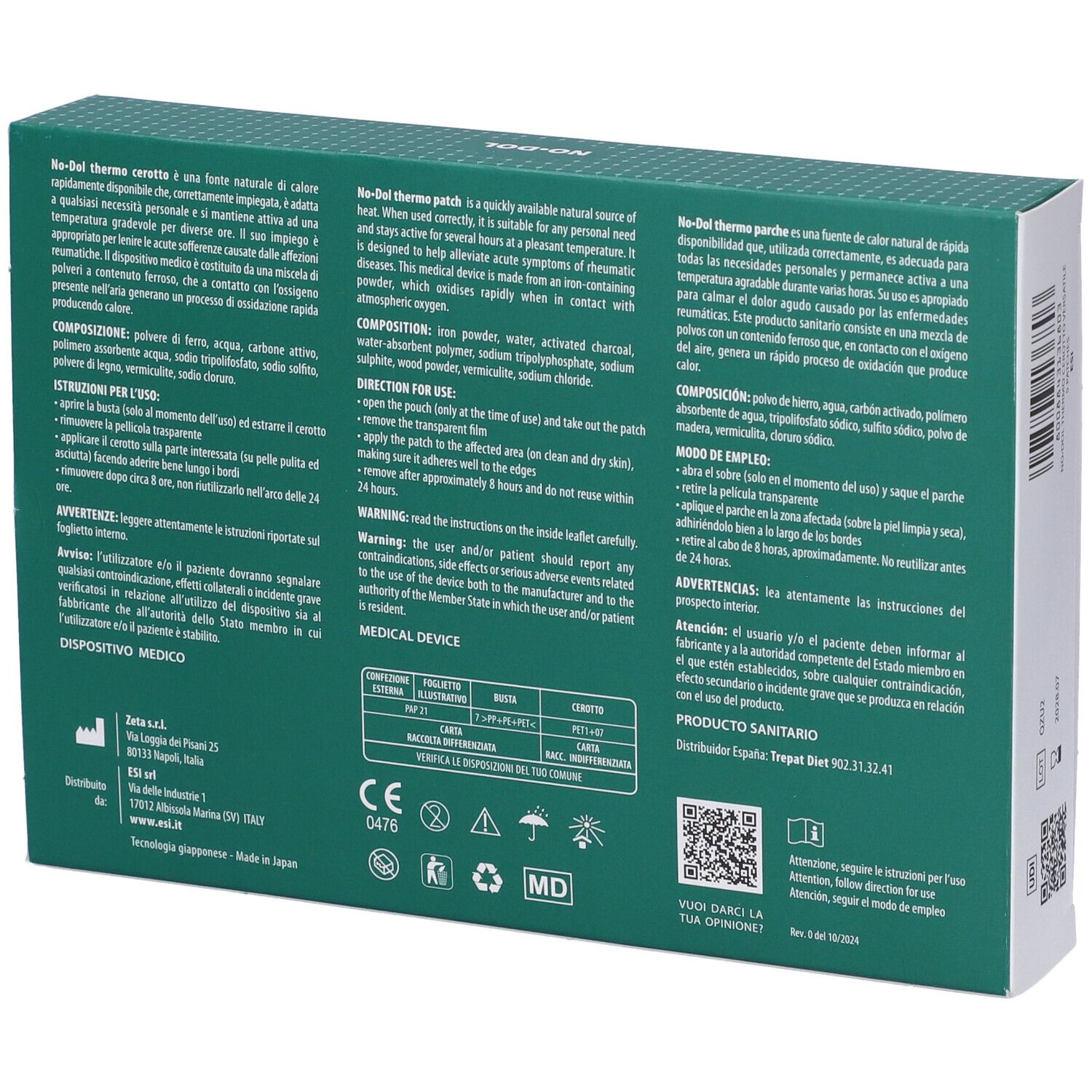 Retro della confezione. Testo multilingue. Dispositivo medico. Ingredienti, istruzioni per l'uso, avvertenze.