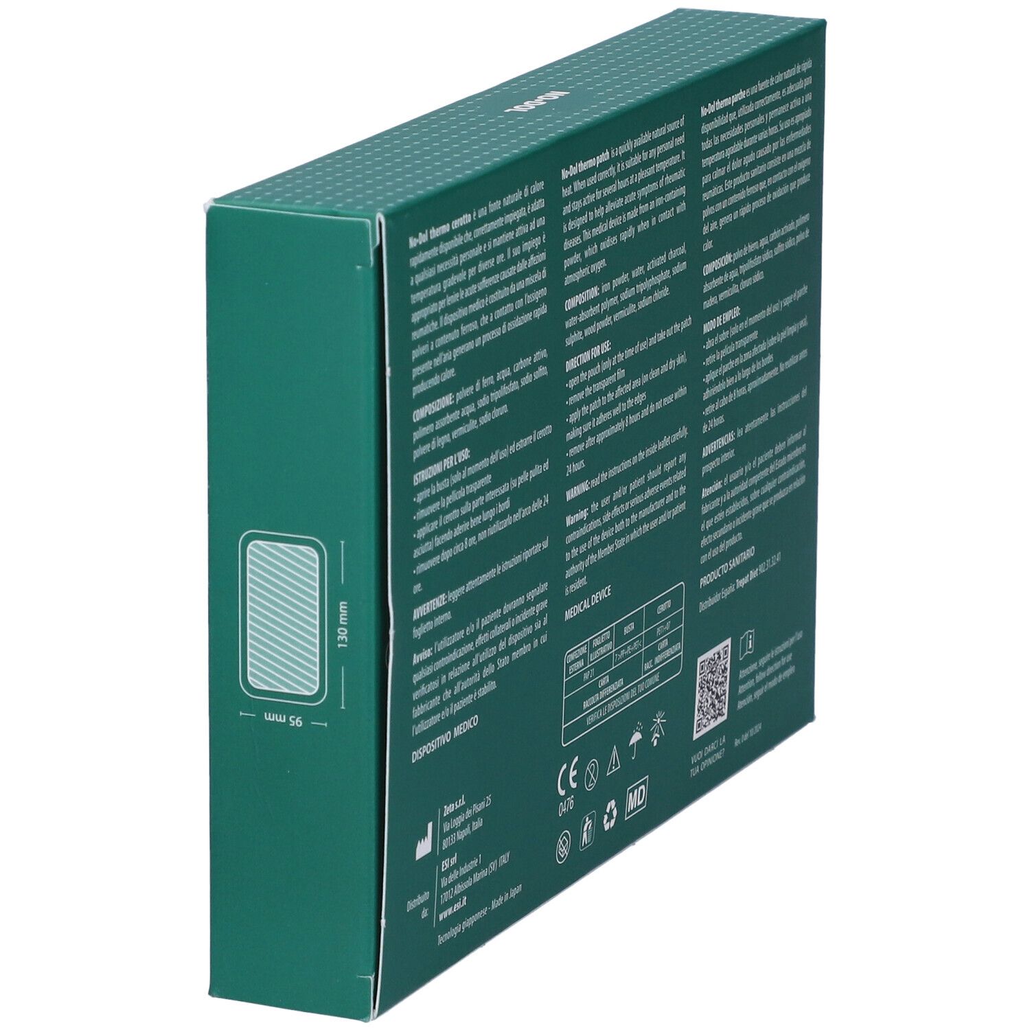 Retro della confezione. Testo multilingue. Dispositivo medico. Dimensioni. Informazioni produttore.