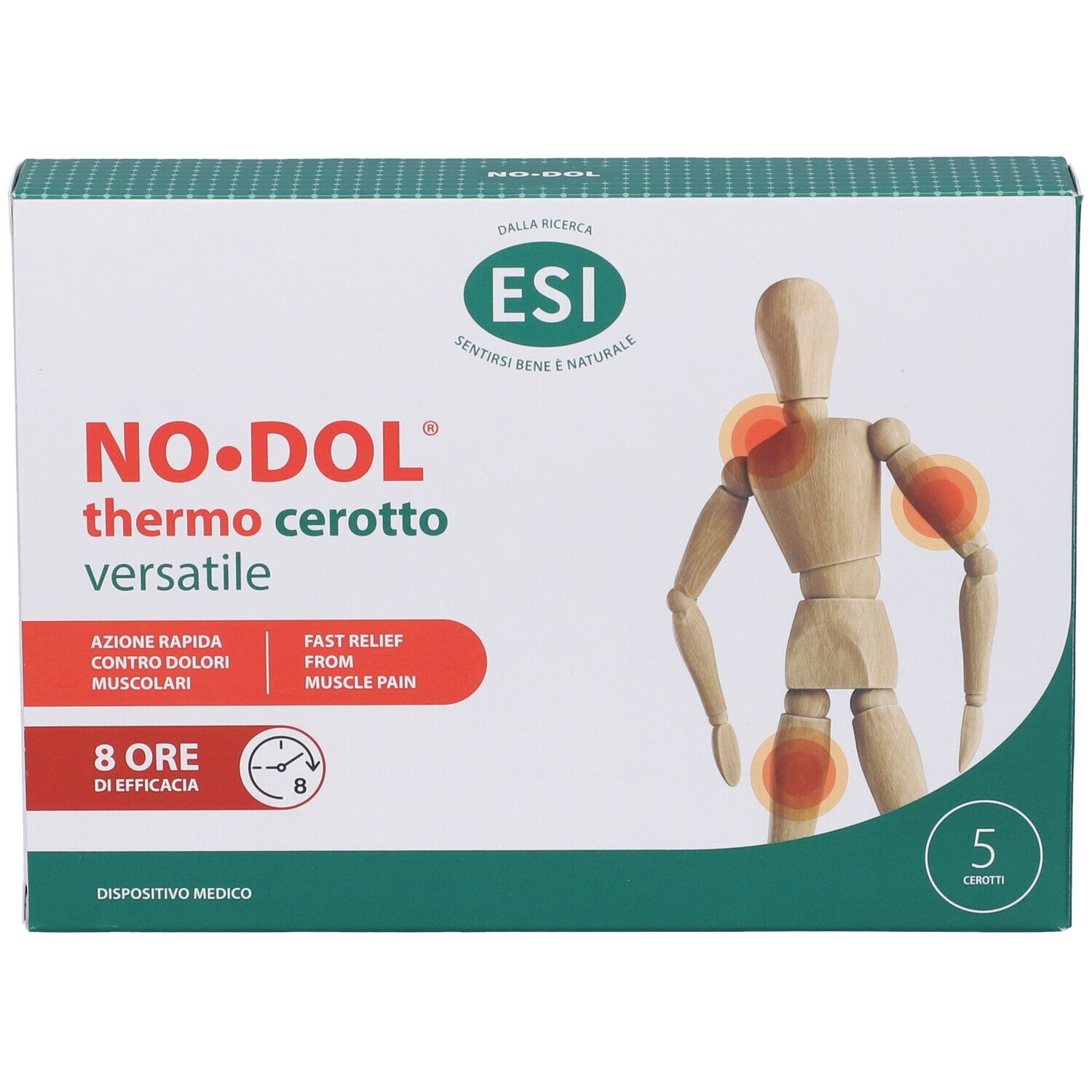 Confezione con immagine del prodotto. Scritta: NO.DOL thermo cerotto versatile. 5 pezzi. Logo ESI. Dispositivo medico.