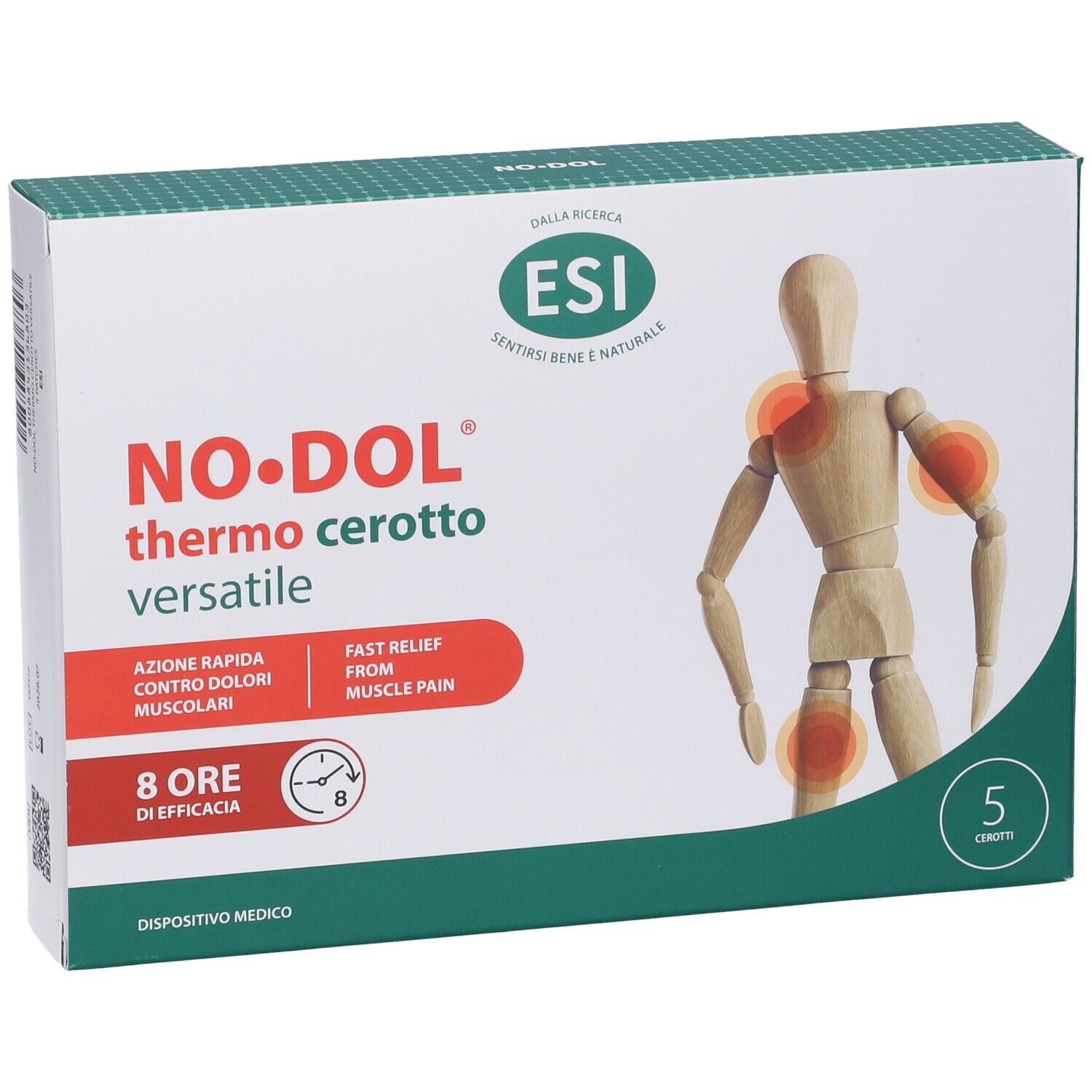 Confezione con immagine del prodotto. Scritta: NO.DOL thermo cerotto versatile. 5 pezzi. Logo ESI. Dispositivo medico.