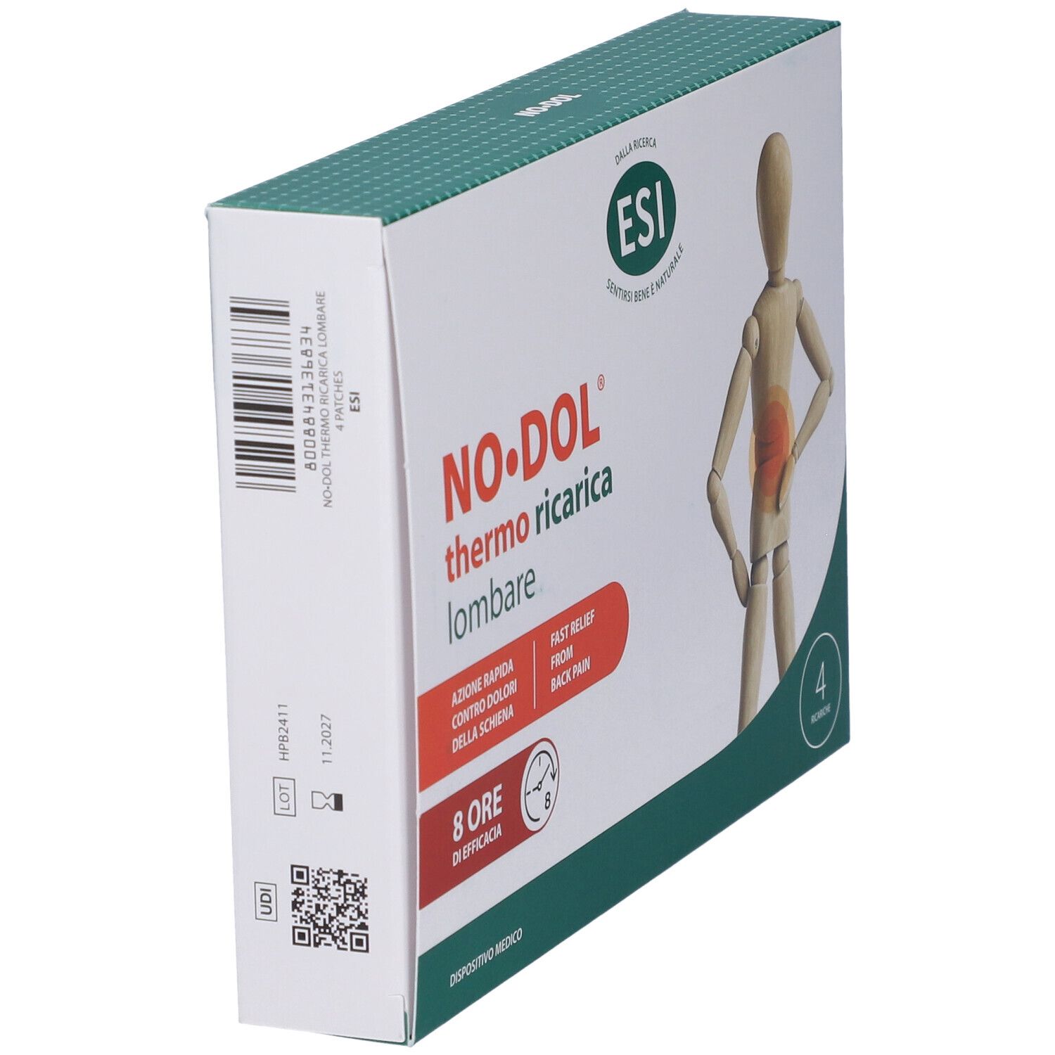 Confezione angolata di ESI No Dol Thermo Ricarica Lombare. Contiene 4 patch. Codice a barre e QR code visibili.