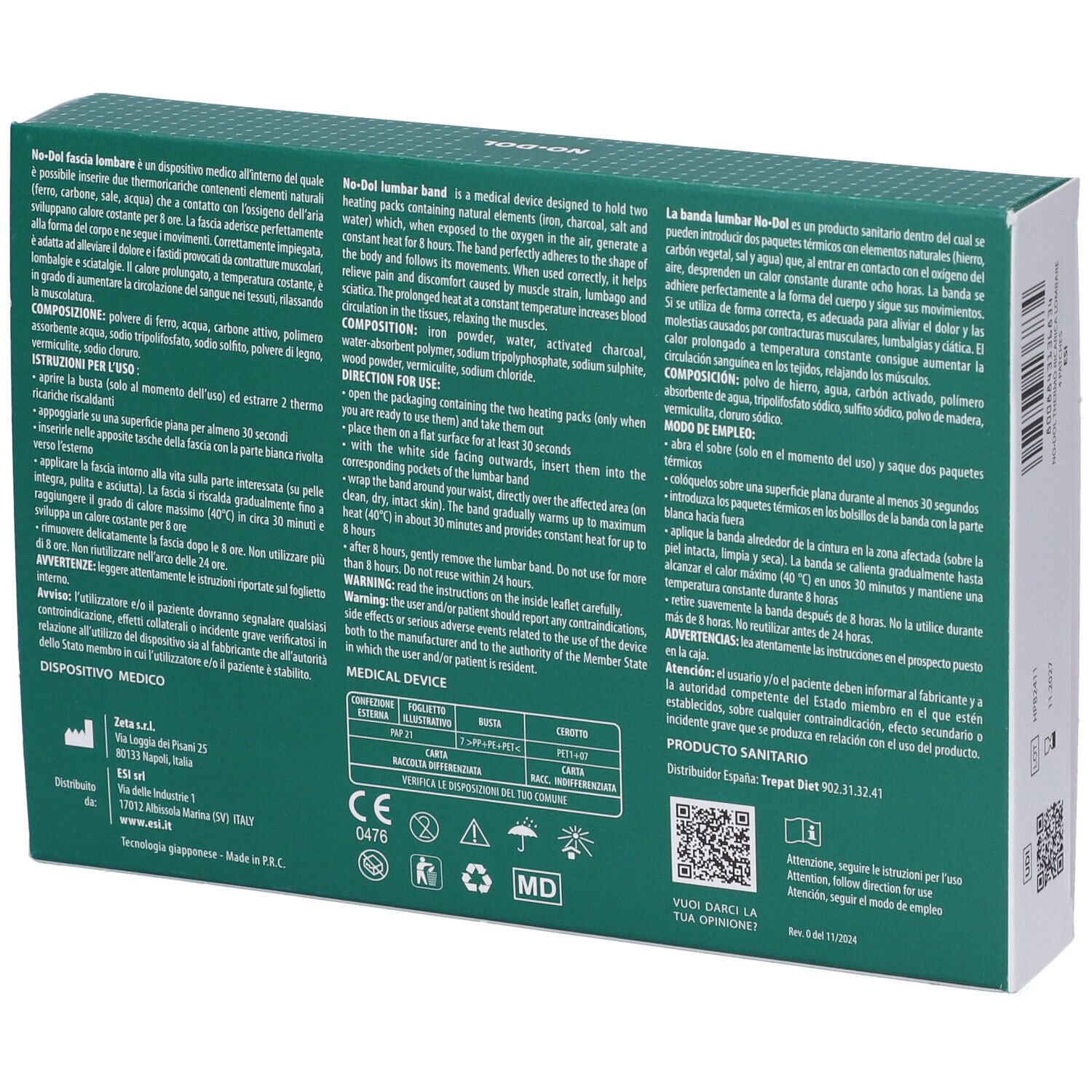 Retro della confezione di ESI No Dol Thermo Ricarica Lombare. Testo multilingue. Marcatura dispositivo medico.