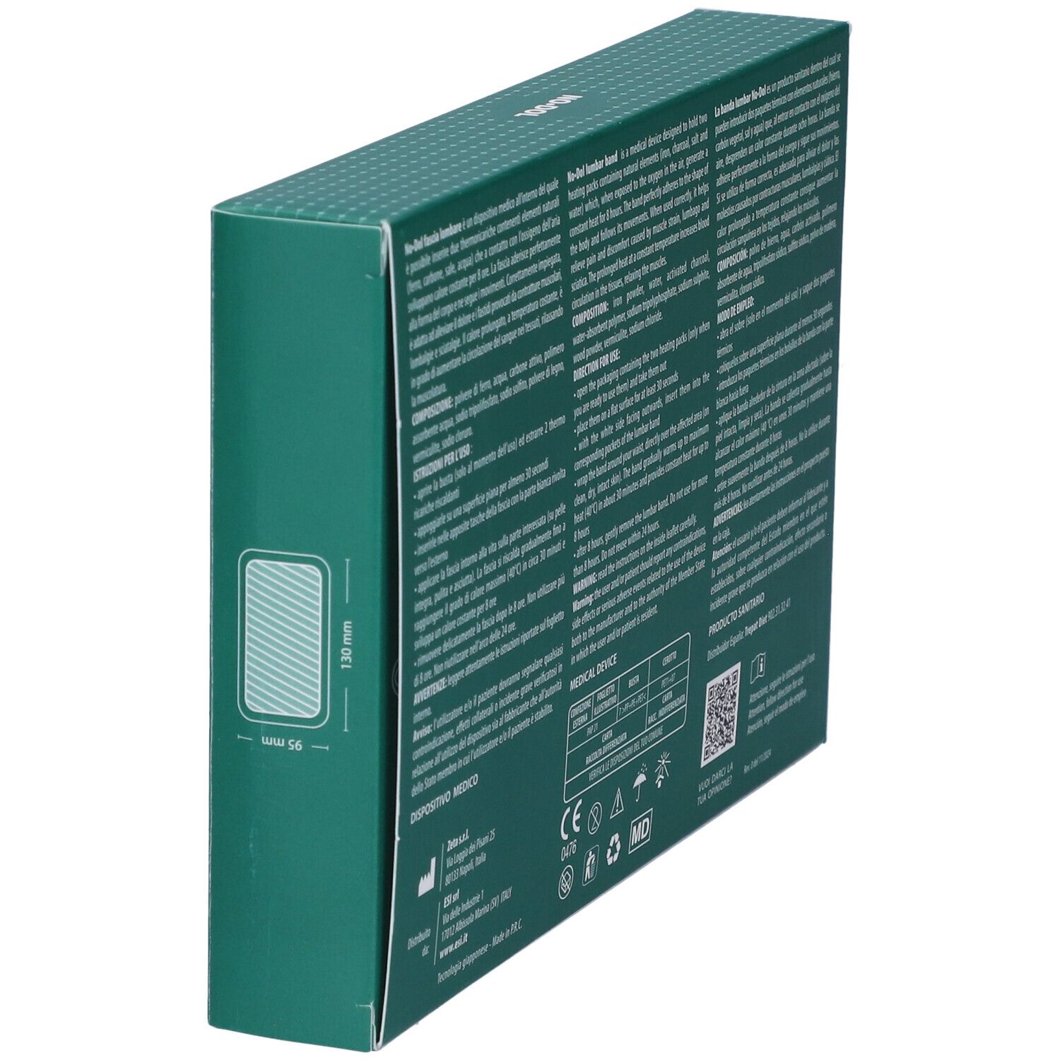 Vista laterale della confezione di ESI No Dol Thermo Ricarica Lombare. Testo e simboli. Dimensioni: 130 mm.