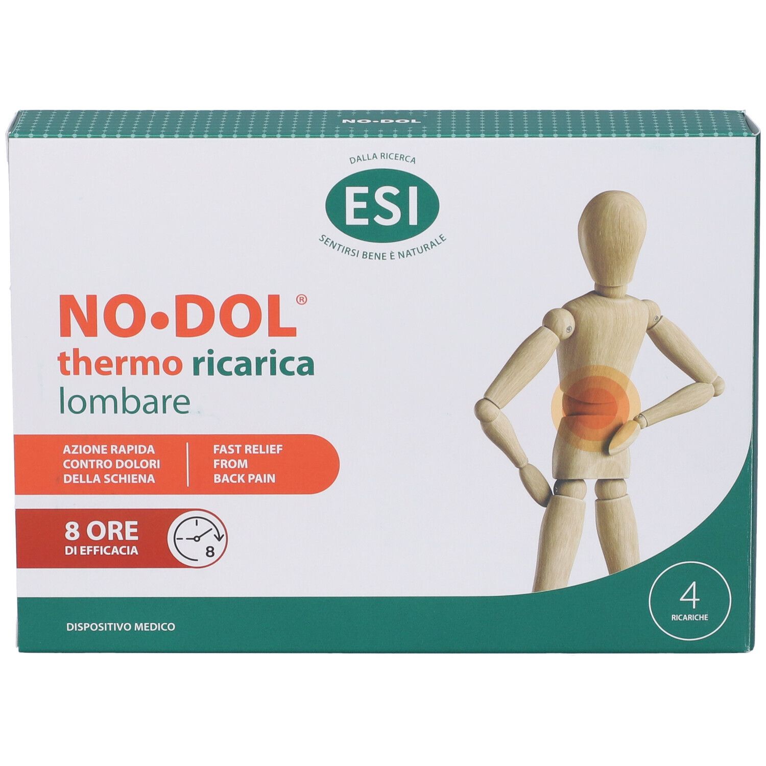 Confezione di ESI No Dol Thermo Ricarica Lombare. Contiene 4 ricariche. Immagine di un manichino in legno con schiena evidenziata.