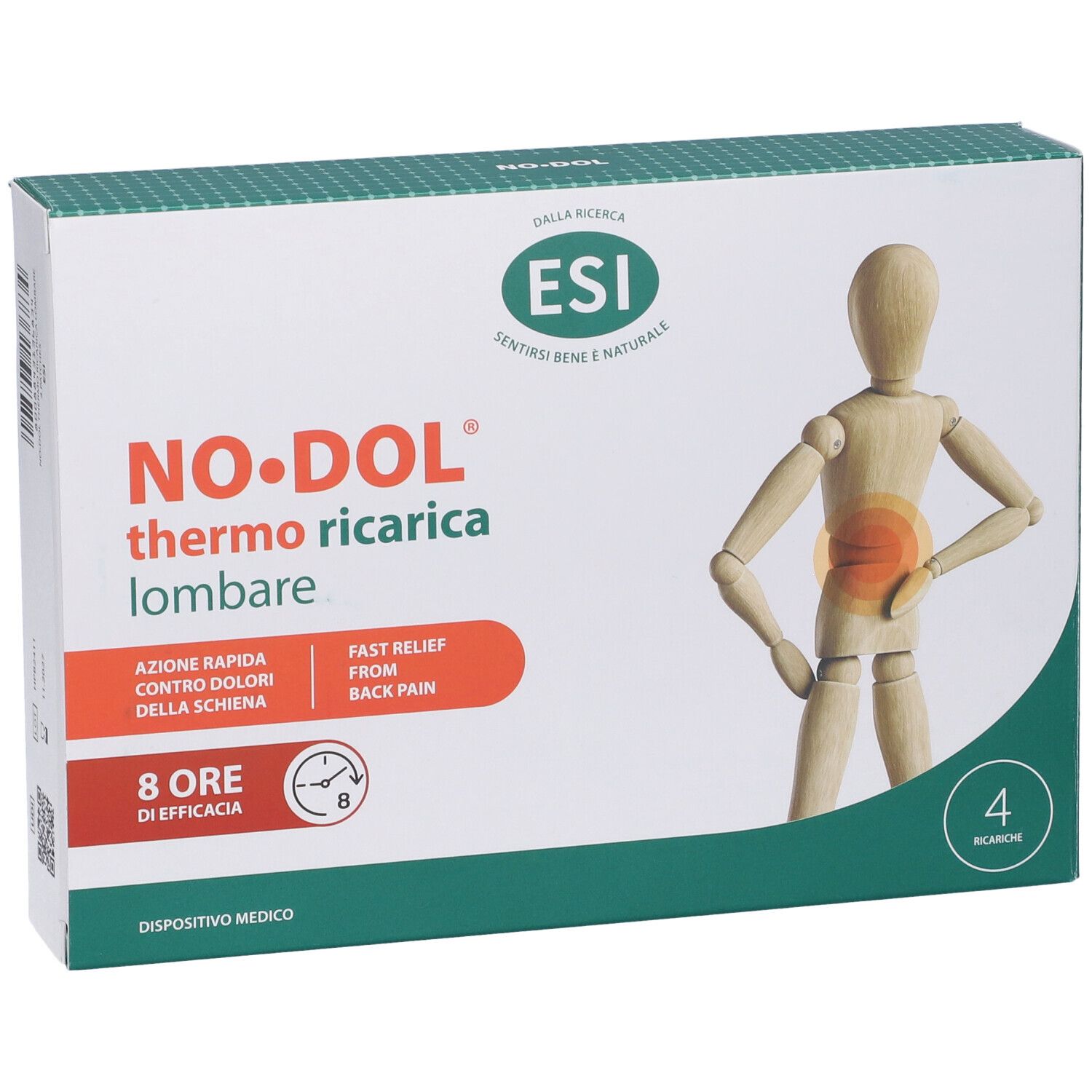 Confezione di ESI No Dol Thermo Ricarica Lombare. Contiene 4 ricariche. Immagine di un manichino in legno con schiena evidenziata.