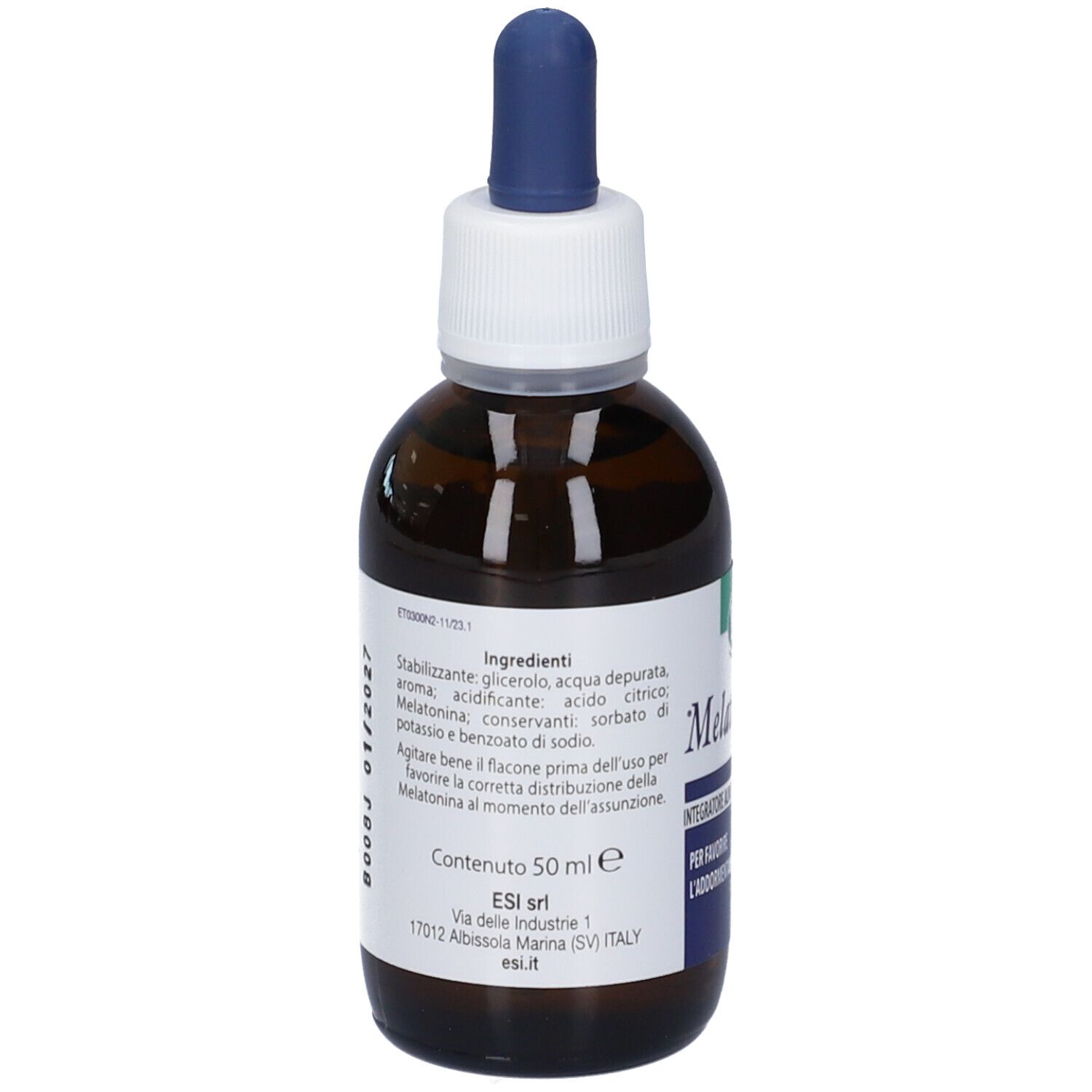 Flacone di vetro marrone con contagocce blu. Retro con ingredienti e informazioni del produttore.