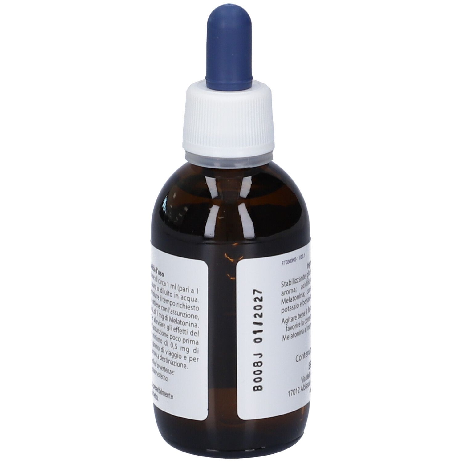 Flacone di vetro marrone con contagocce blu. Scritta: B008J 01/2027. Retro con testo.