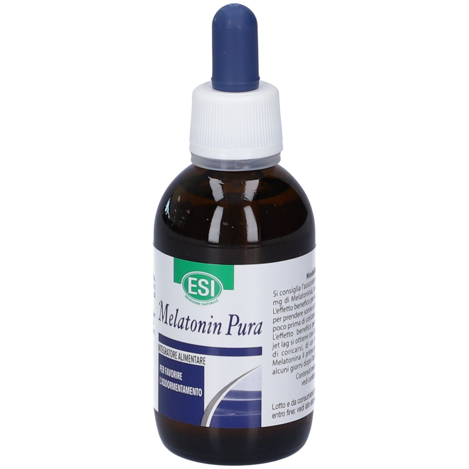 Flacone di vetro marrone con contagocce blu. Scritta: Melatonin Pura. Per favorire il sonno.