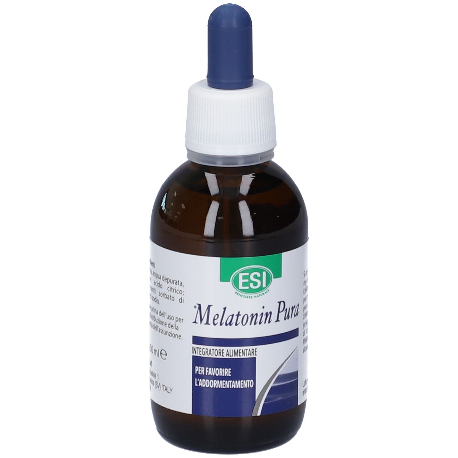 Flacone di vetro marrone con contagocce blu. Scritta: Melatonin Pura. Per favorire il sonno.
