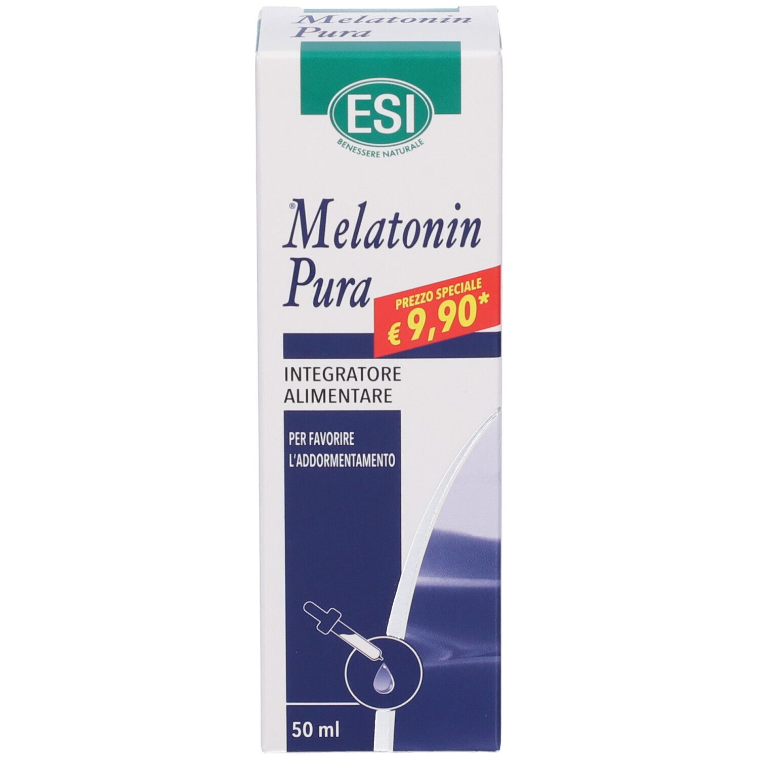 Confezione bianca con scritta blu. Scritta: Melatonin Pura. Prezzo: 9,90€.