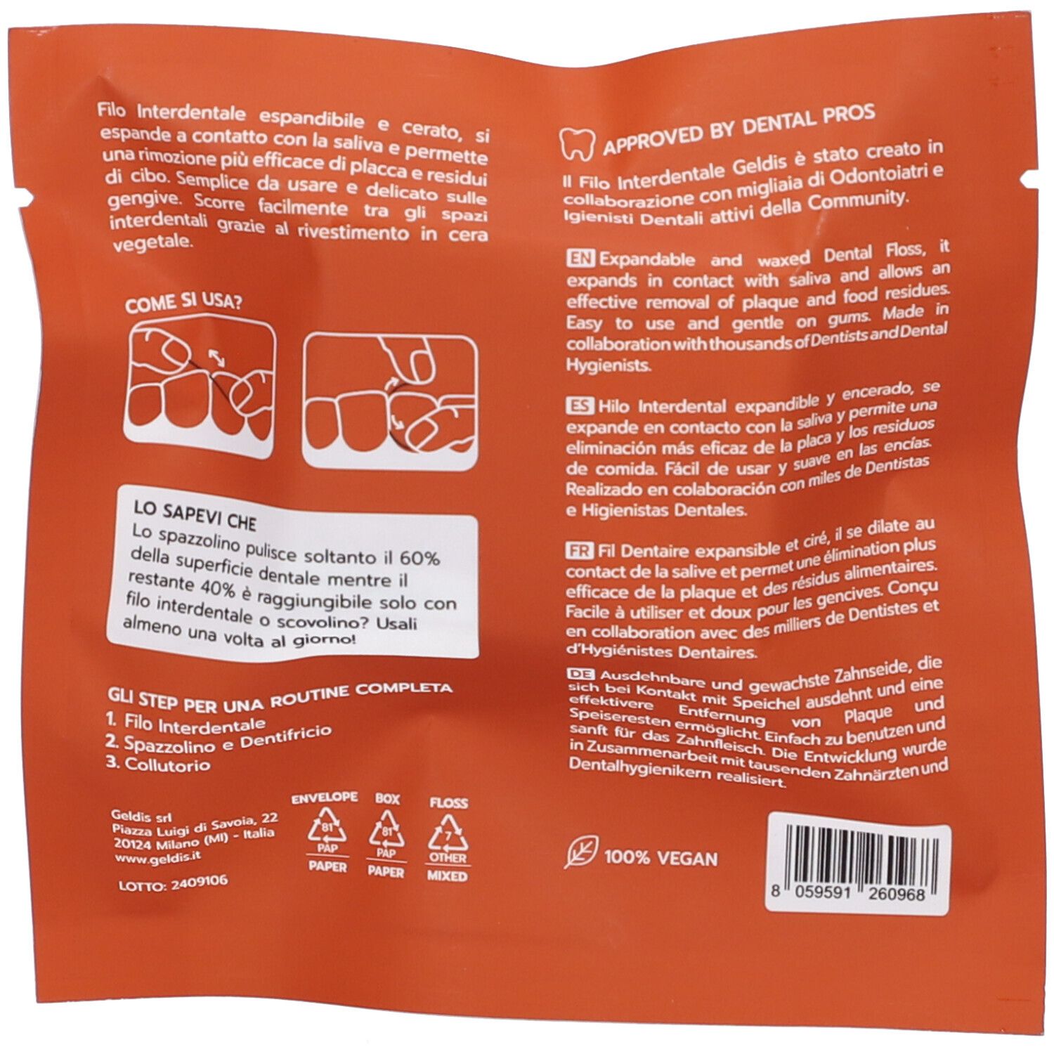 Retro della confezione. Testo: informazioni sul prodotto, istruzioni, 100% Vegan.