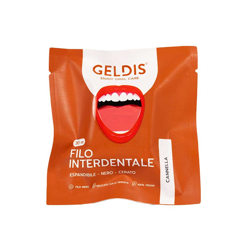 Confezione con nome del prodotto e immagine di una bocca. Testo: Filo Interdentale, Cannella.