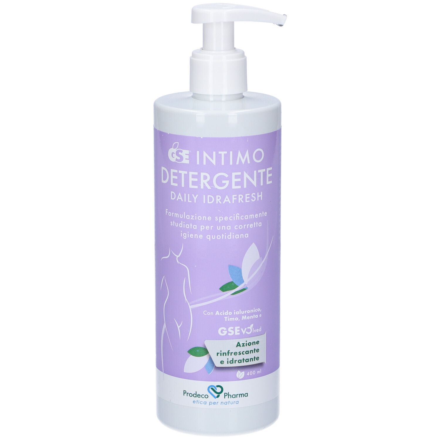 GSE Intimo Detergente Daily Idrafresh. Flacone con dosatore. Nome, illustrazione e ingredienti stampati.