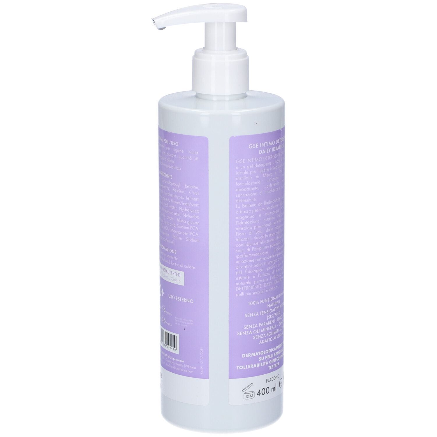 GSE Intimo Detergente Daily Idrafresh. Flacone con dosatore. Retro con ingredienti e informazioni.