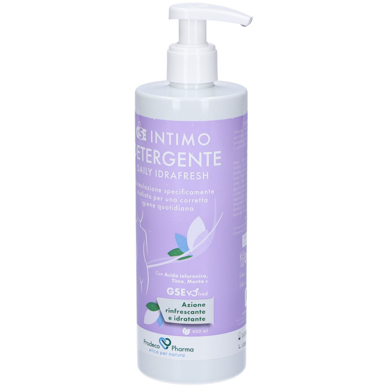 GSE Intimo Detergente Daily Idrafresh. Flacone con dosatore. Nome, illustrazione e ingredienti stampati.