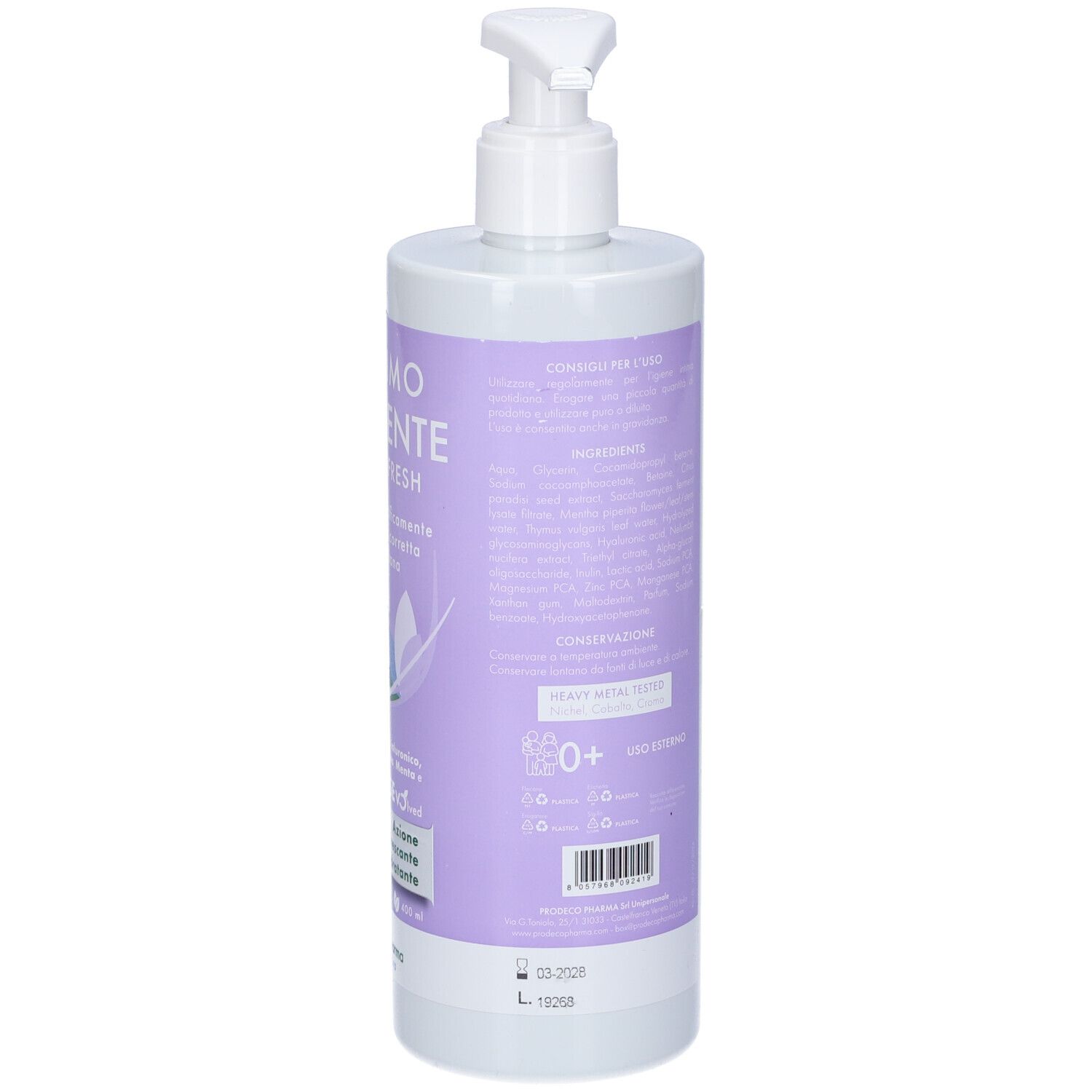 GSE Intimo Detergente Daily Idrafresh. Flacone con dosatore. Retro con ingredienti e informazioni.