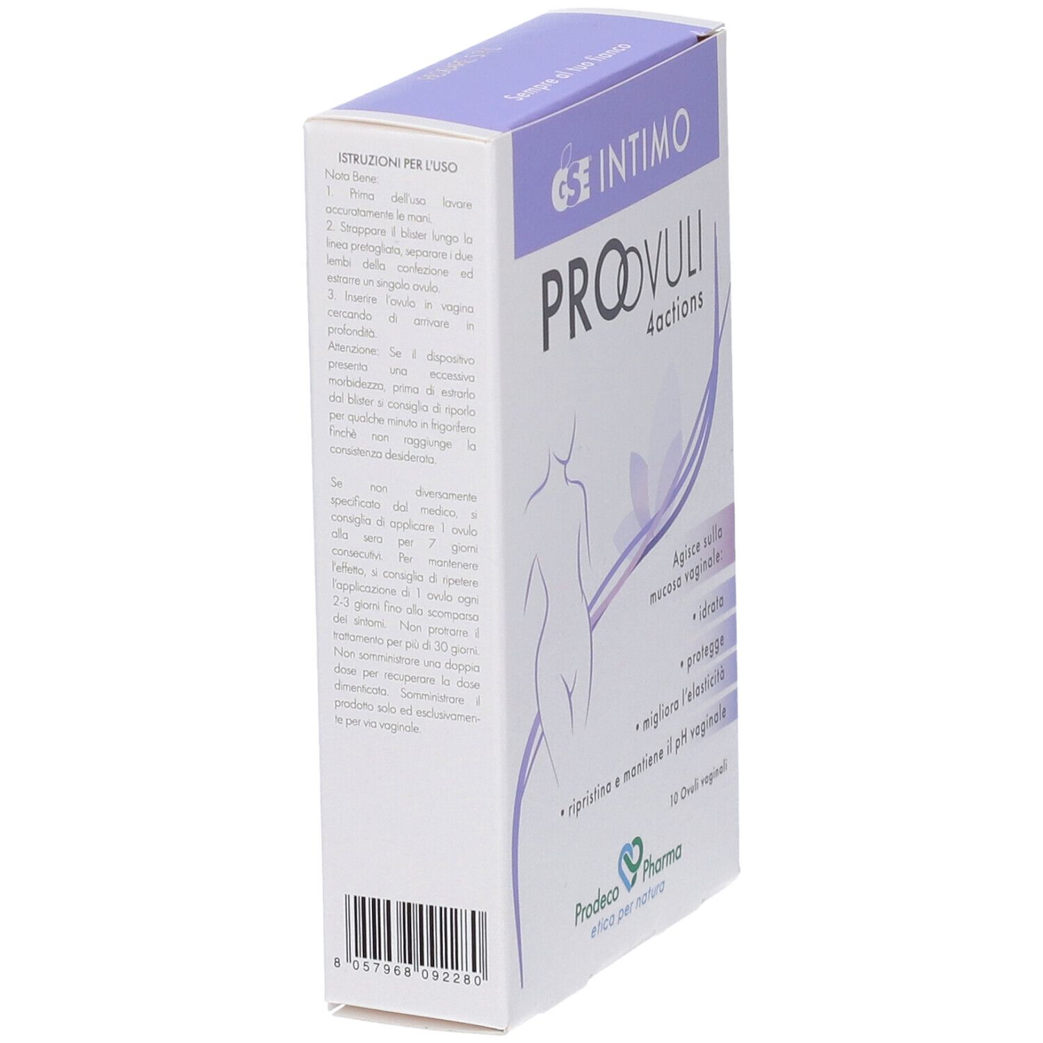 Vista angolata della confezione di GSE Intimo Proovuli 4 Actions Ovuli Vaginali. Testo e illustrazioni sulla confezione.