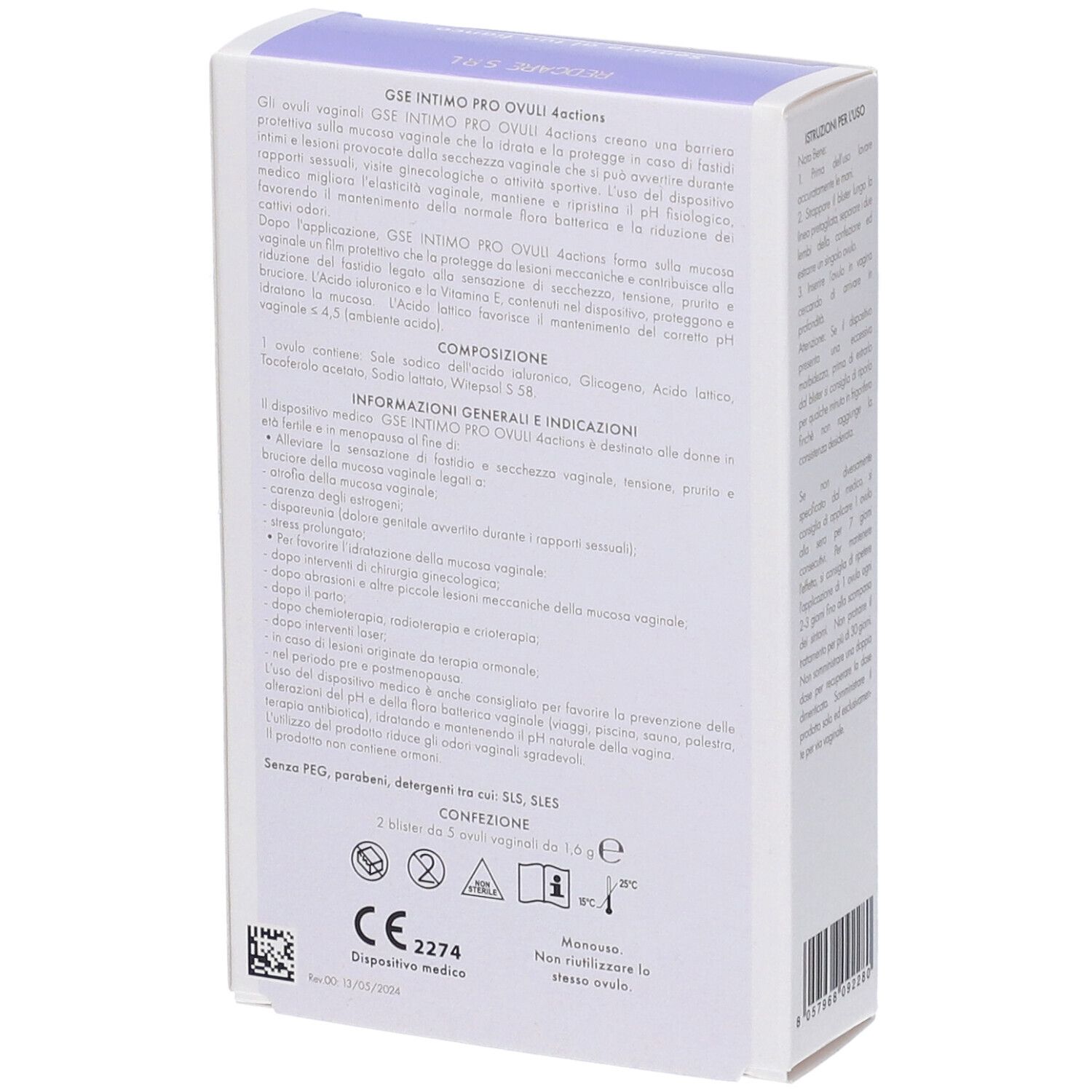 Retro della confezione di GSE Intimo Proovuli 4 Actions Ovuli Vaginali. Informazioni testuali e certificazioni.