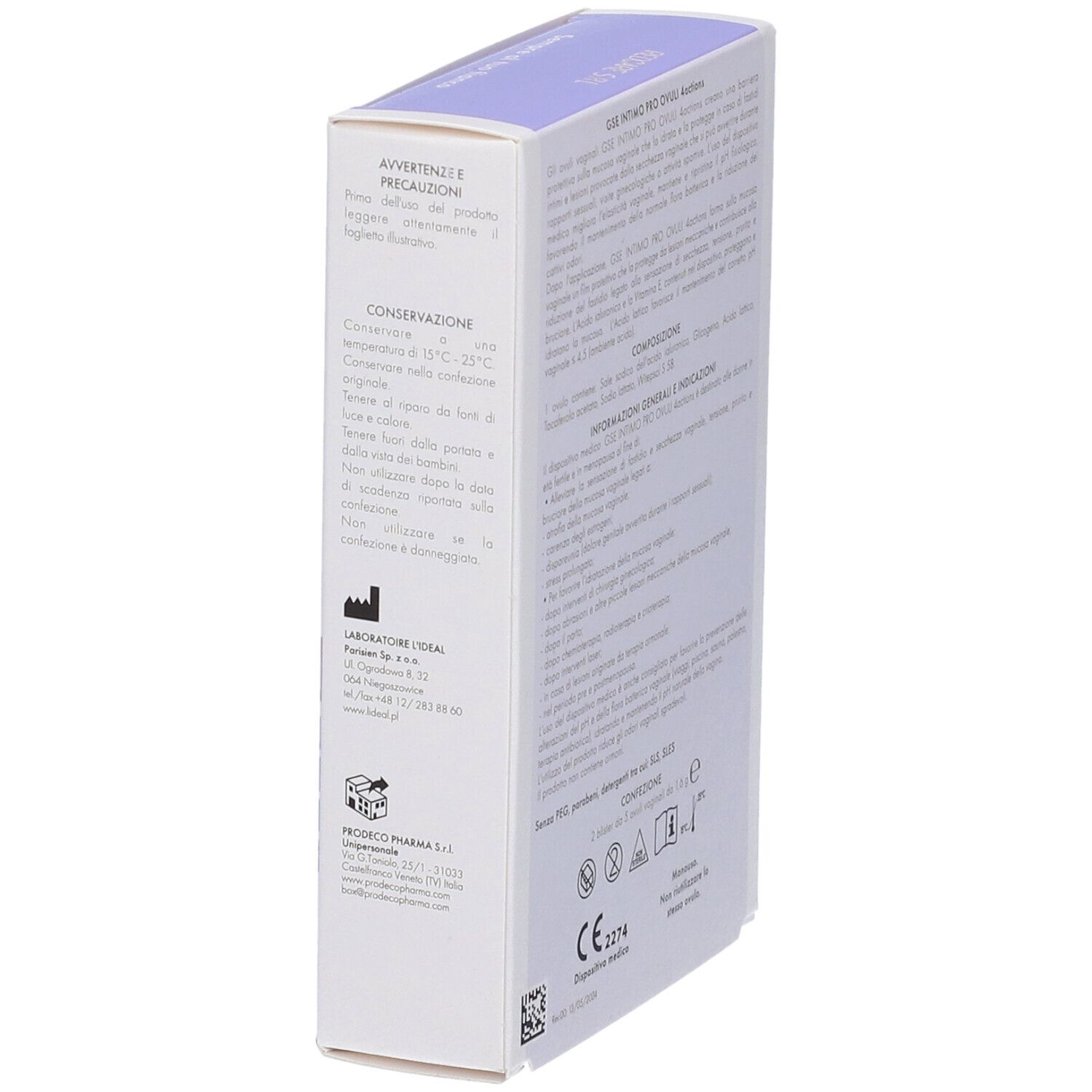 Vista laterale della confezione di GSE Intimo Proovuli 4 Actions Ovuli Vaginali. Testo e loghi.