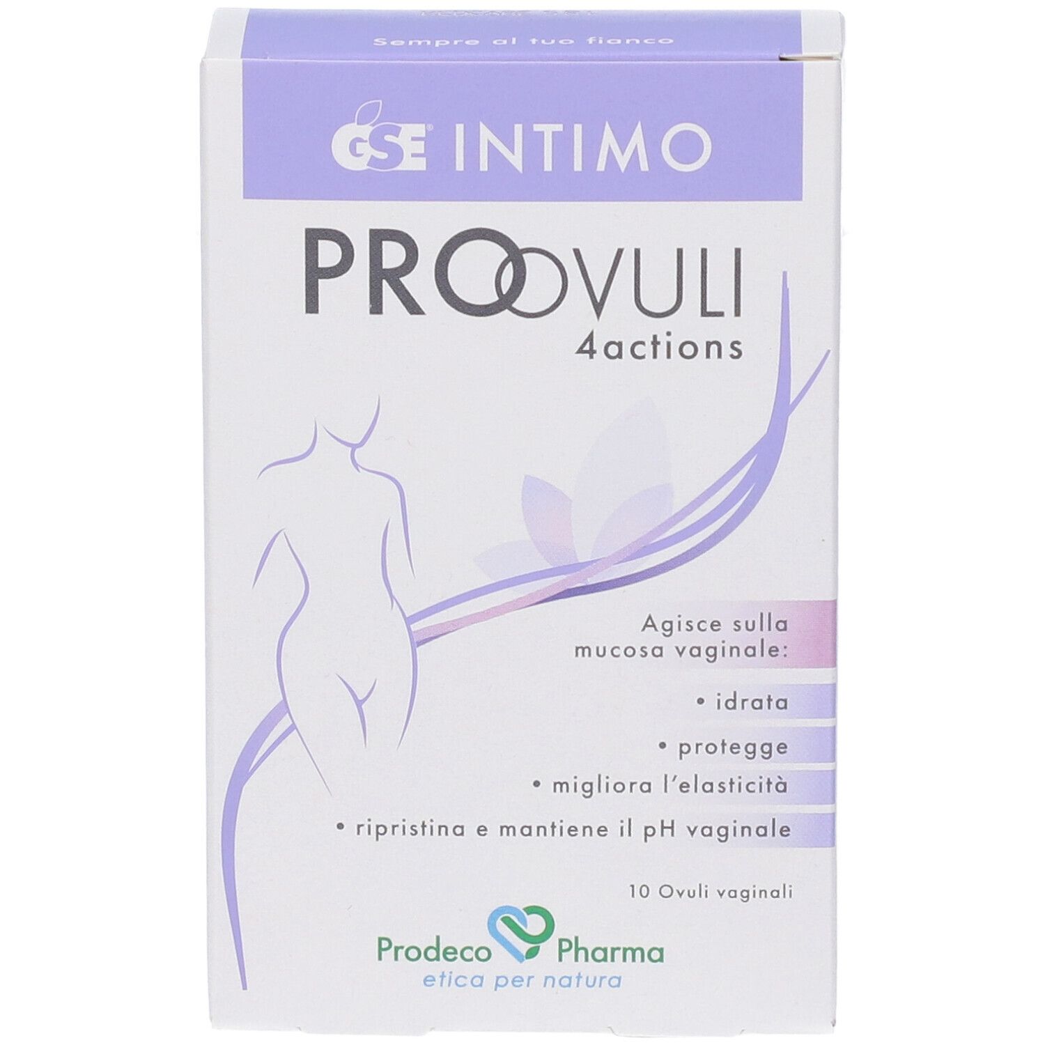 Vista frontale della confezione di GSE Intimo Proovuli 4 Actions Ovuli Vaginali. Nome del prodotto, illustrazione e informazioni.