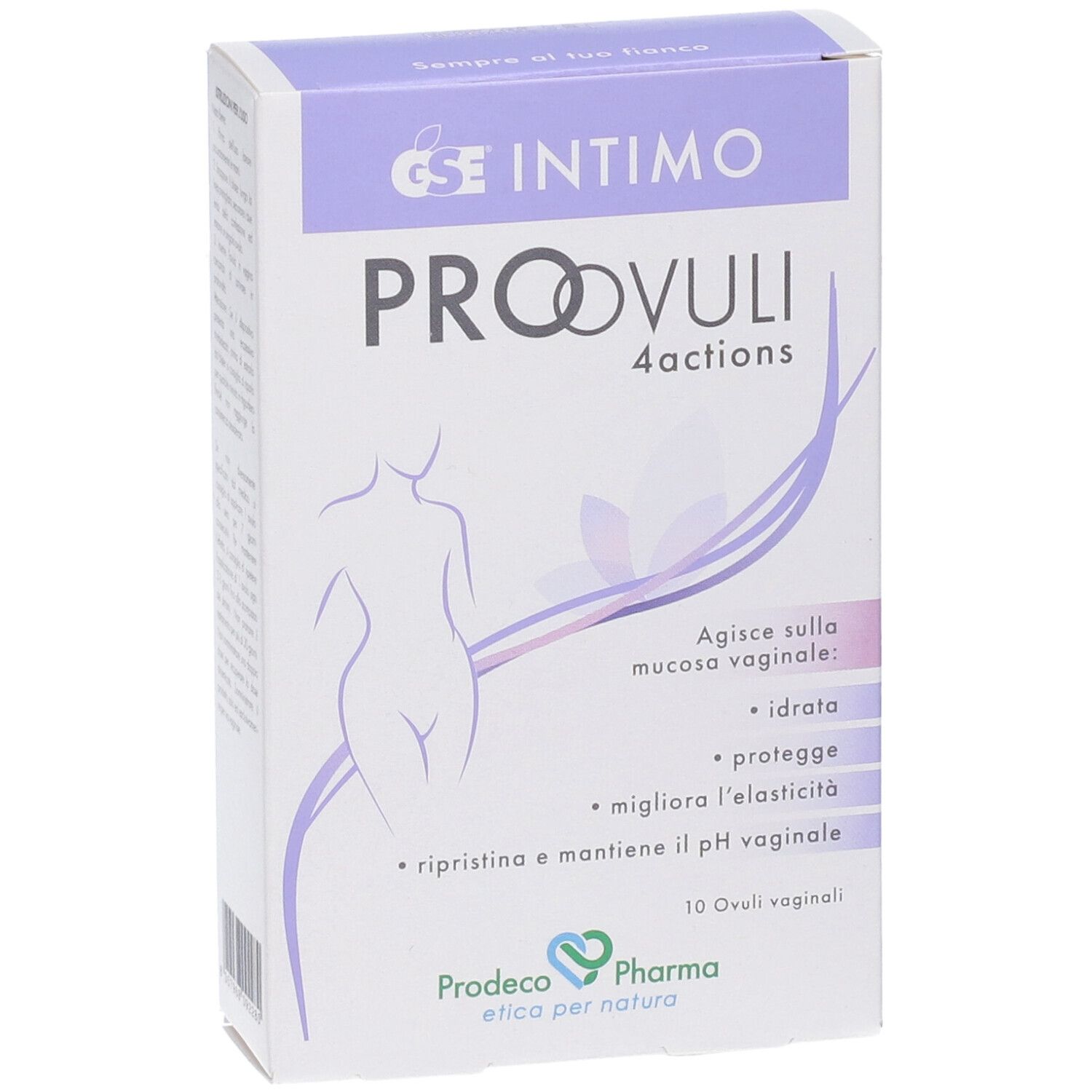 Vista frontale della confezione di GSE Intimo Proovuli 4 Actions Ovuli Vaginali. Nome del prodotto, illustrazione e informazioni.