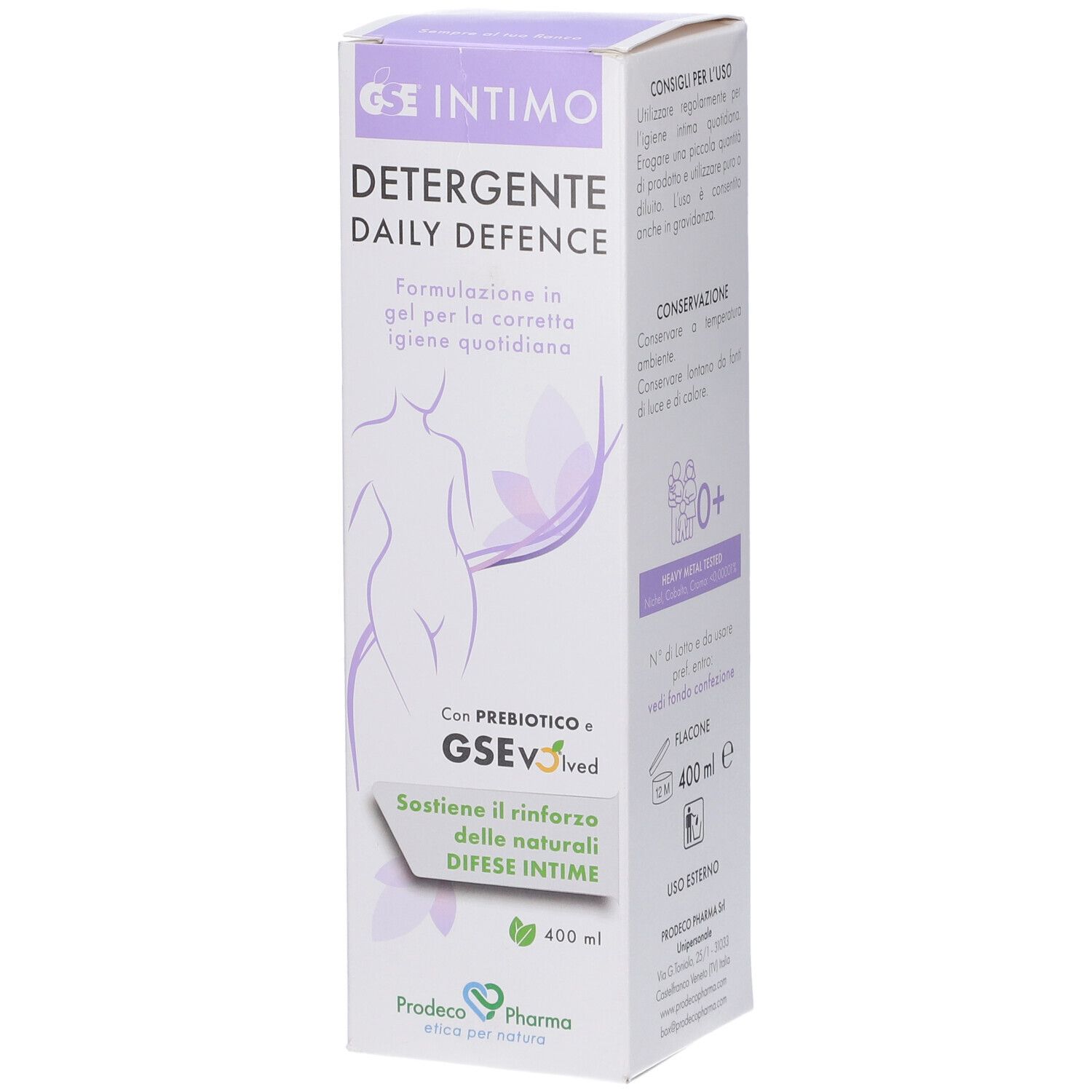 GSE Intimo Detergente Daily Defence. Confezione del prodotto. Testo e illustrazioni. Contiene prebiotici. 400 ml.