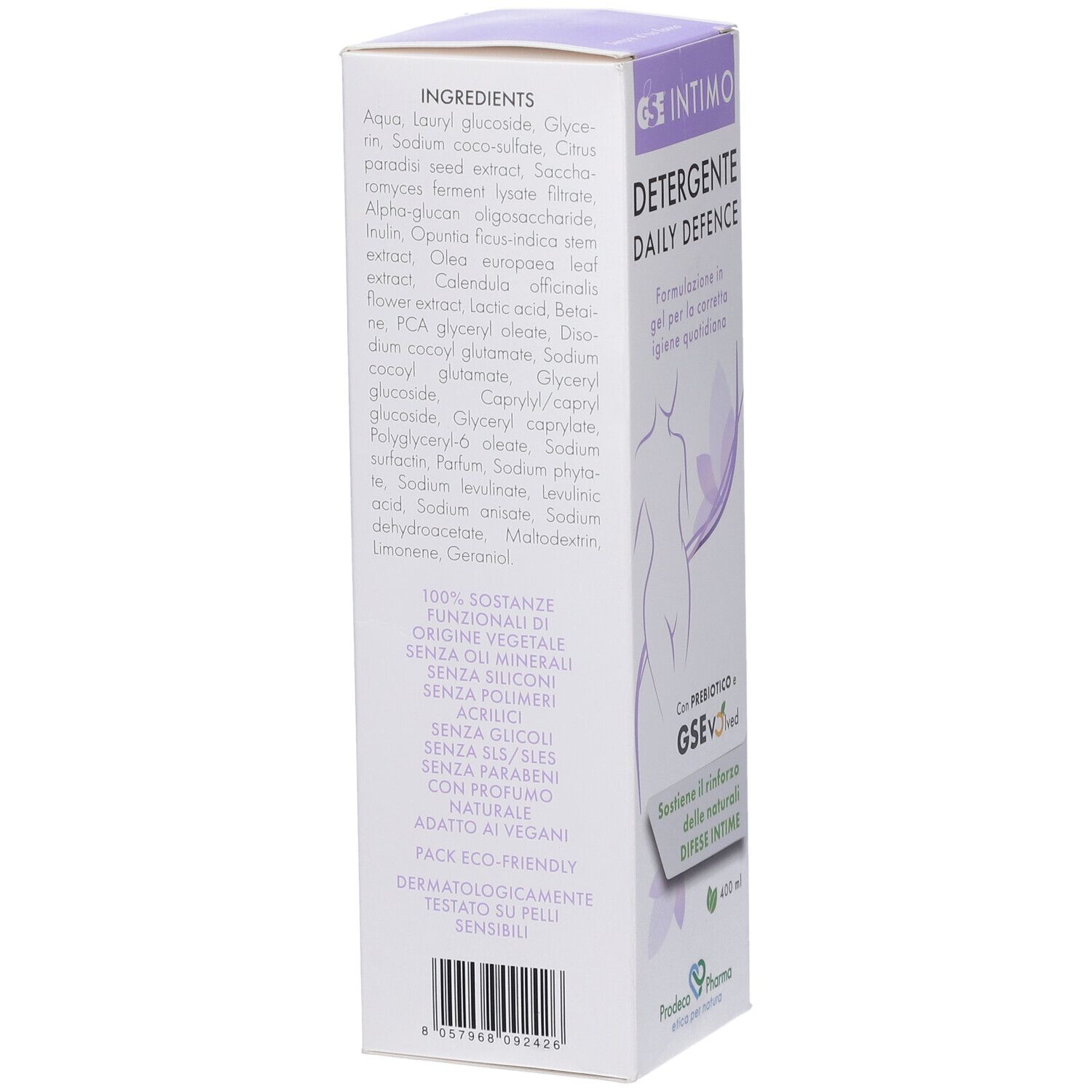 GSE Intimo Detergente Daily Defence. Confezione. Ingredienti e testo. Contiene prebiotici. 400 ml.