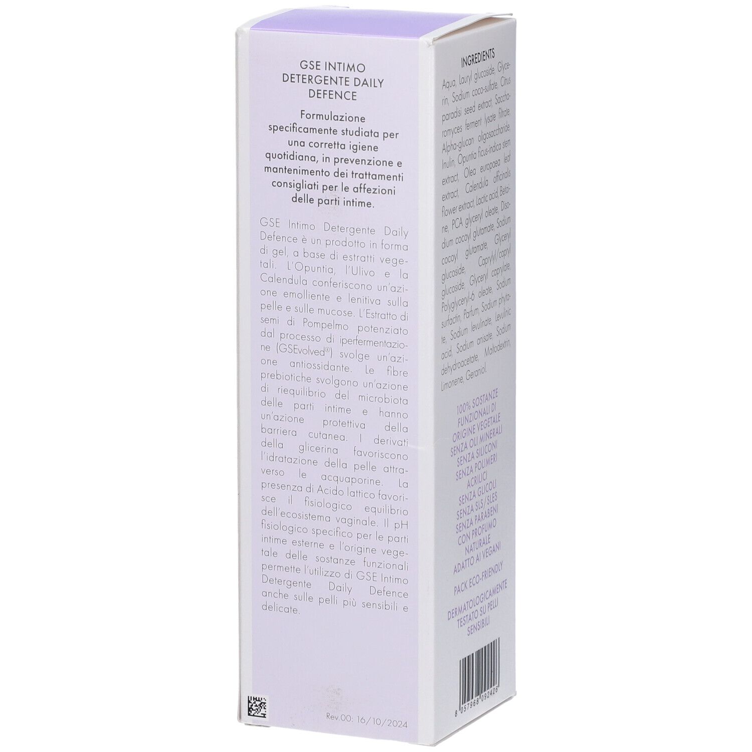 GSE Intimo Detergente Daily Defence. Confezione. Testo e ingredienti. Contiene prebiotici. 400 ml.