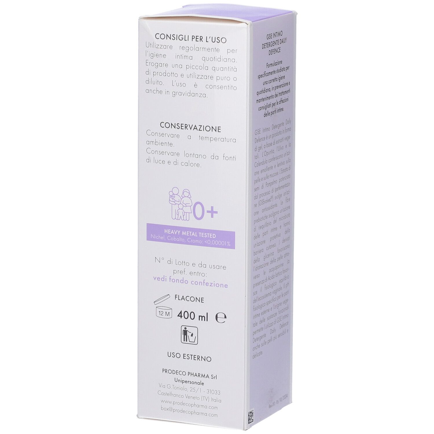GSE Intimo Detergente Daily Defence. Confezione. Istruzioni per l'uso e testo. Contiene prebiotici. 400 ml.