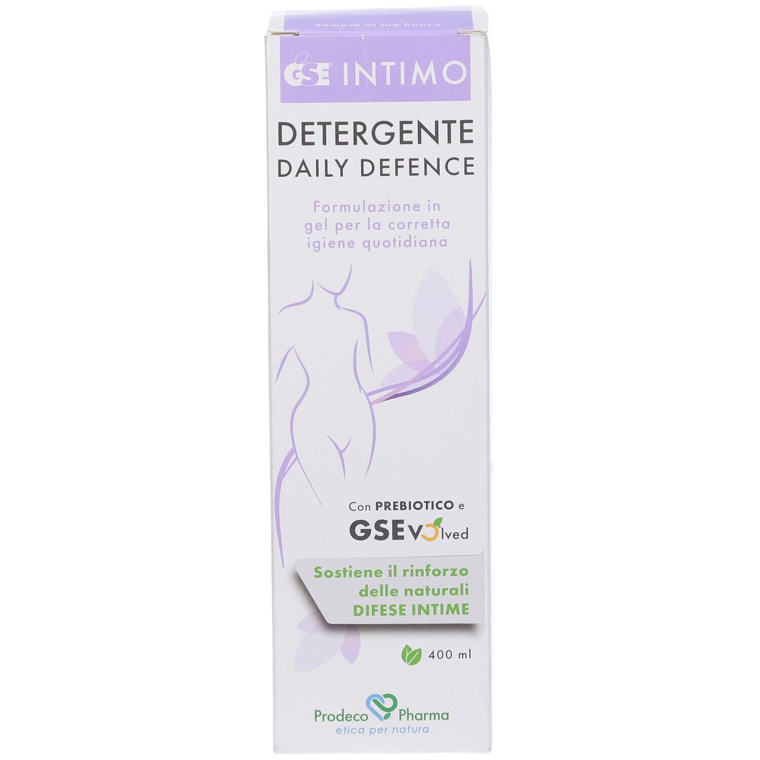 GSE Intimo Detergente Daily Defence. Confezione. Testo e illustrazioni. Contiene prebiotici. 400 ml.