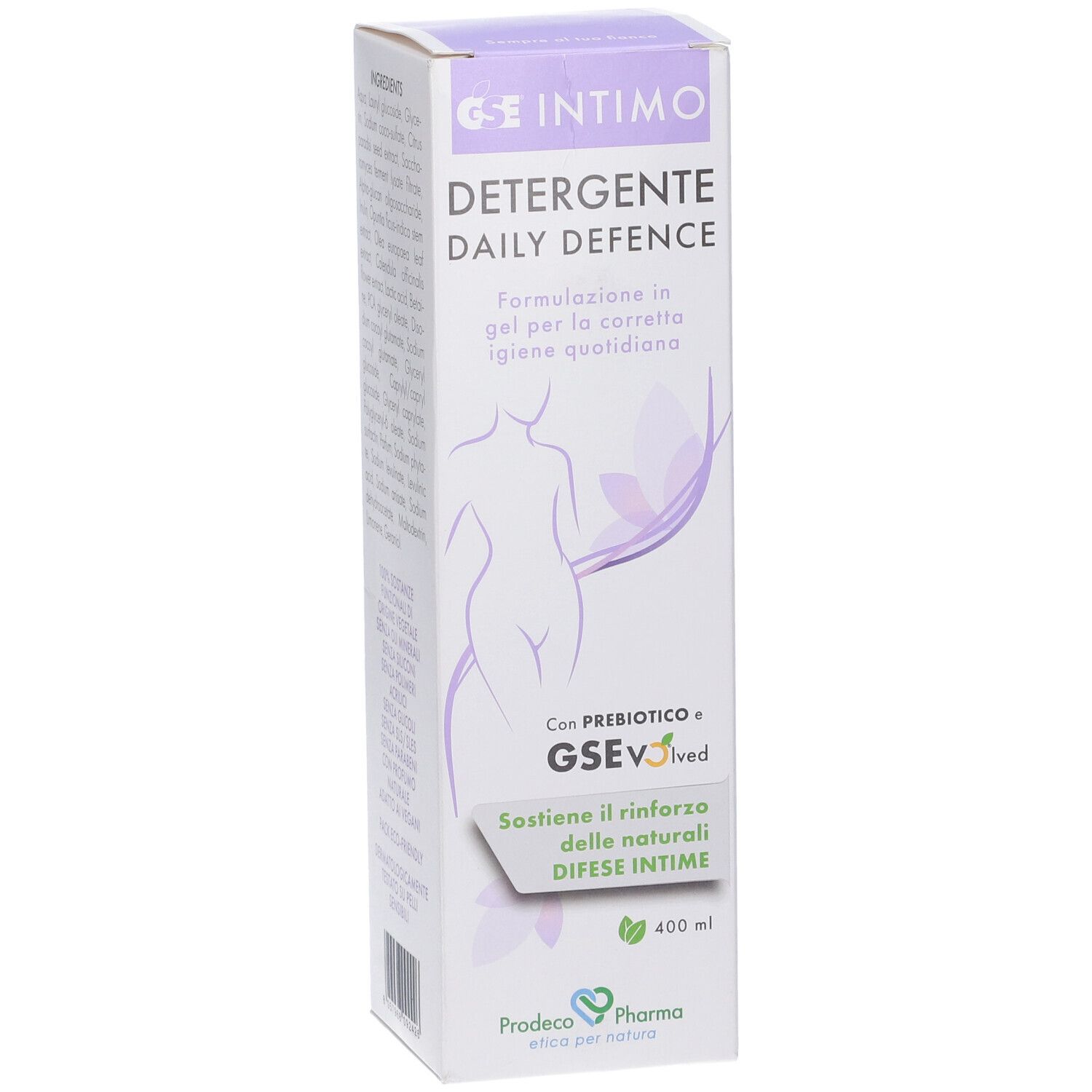 GSE Intimo Detergente Daily Defence. Confezione. Testo e illustrazioni. Contiene prebiotici. 400 ml.