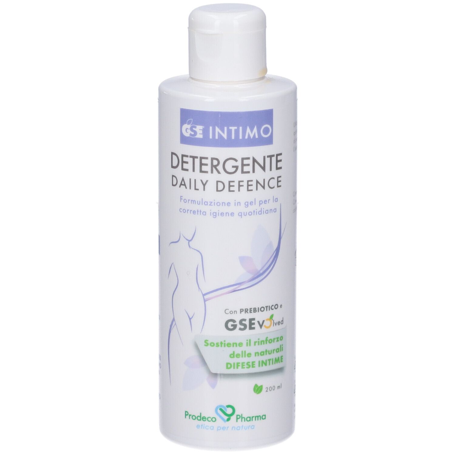 Flacone bianco con tappo a vite. Testo: GSE Intimo Detergente Daily Defence. 200 ml.