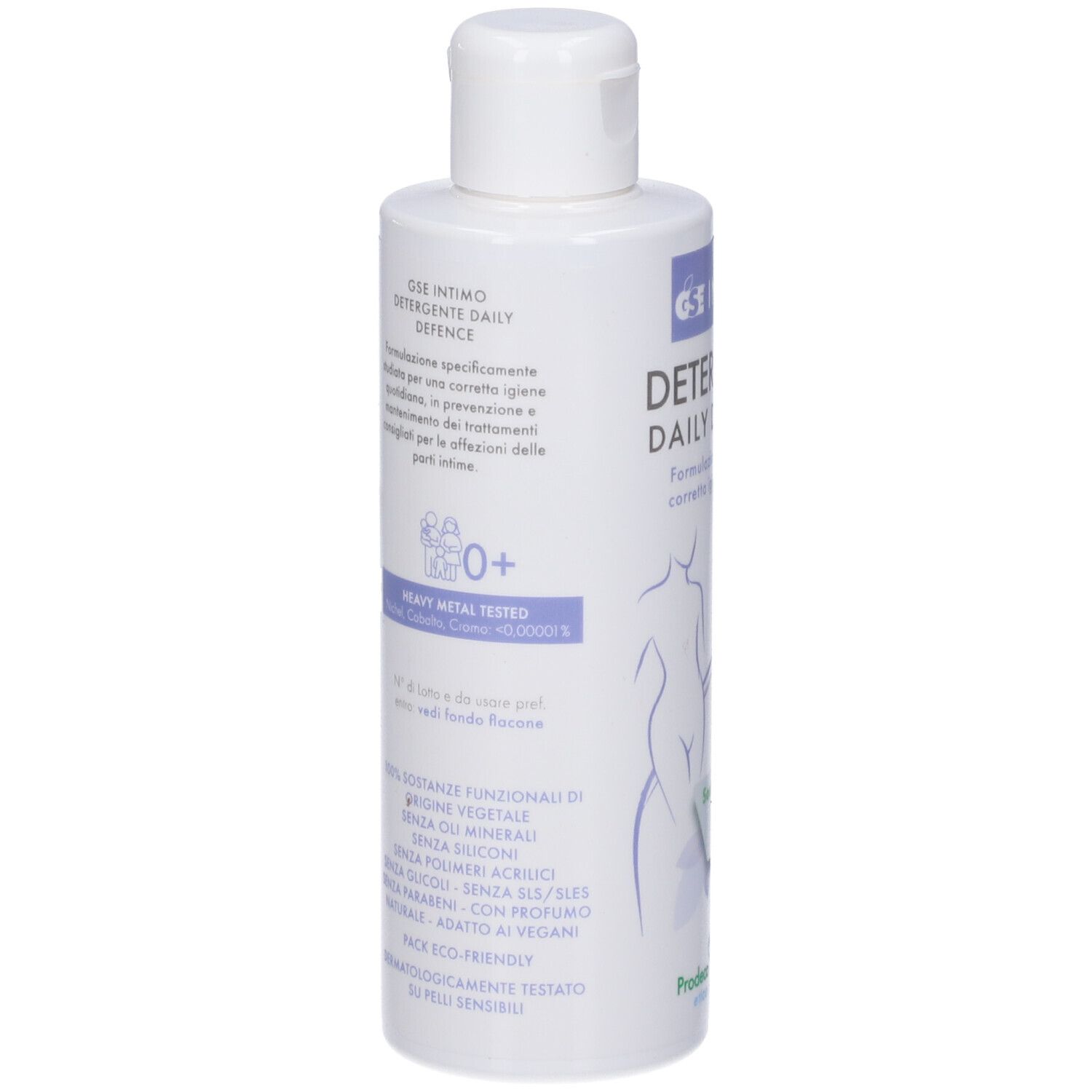 Flacone bianco con tappo a vite. Testo: GSE Intimo Detergente Daily Defence. 200 ml. Dettagli sul retro.