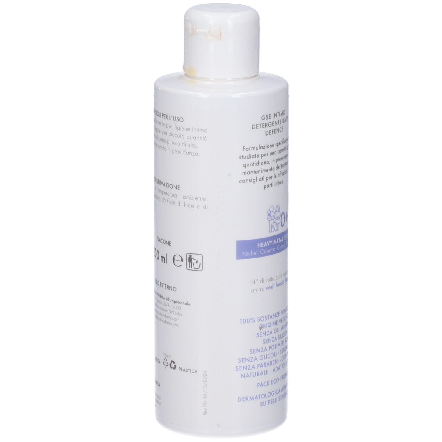 Retro del flacone. Testo: GSE Intimo Detergente Daily Defence. 200 ml. Informazioni e simboli.