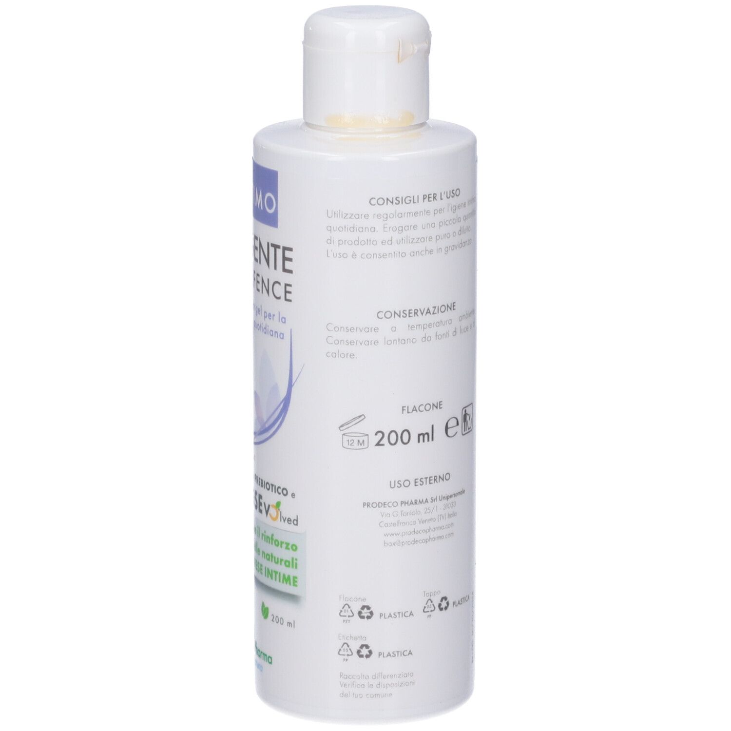 Retro del flacone. Testo: GSE Intimo Detergente Daily Defence. 200 ml. Informazioni e simboli.