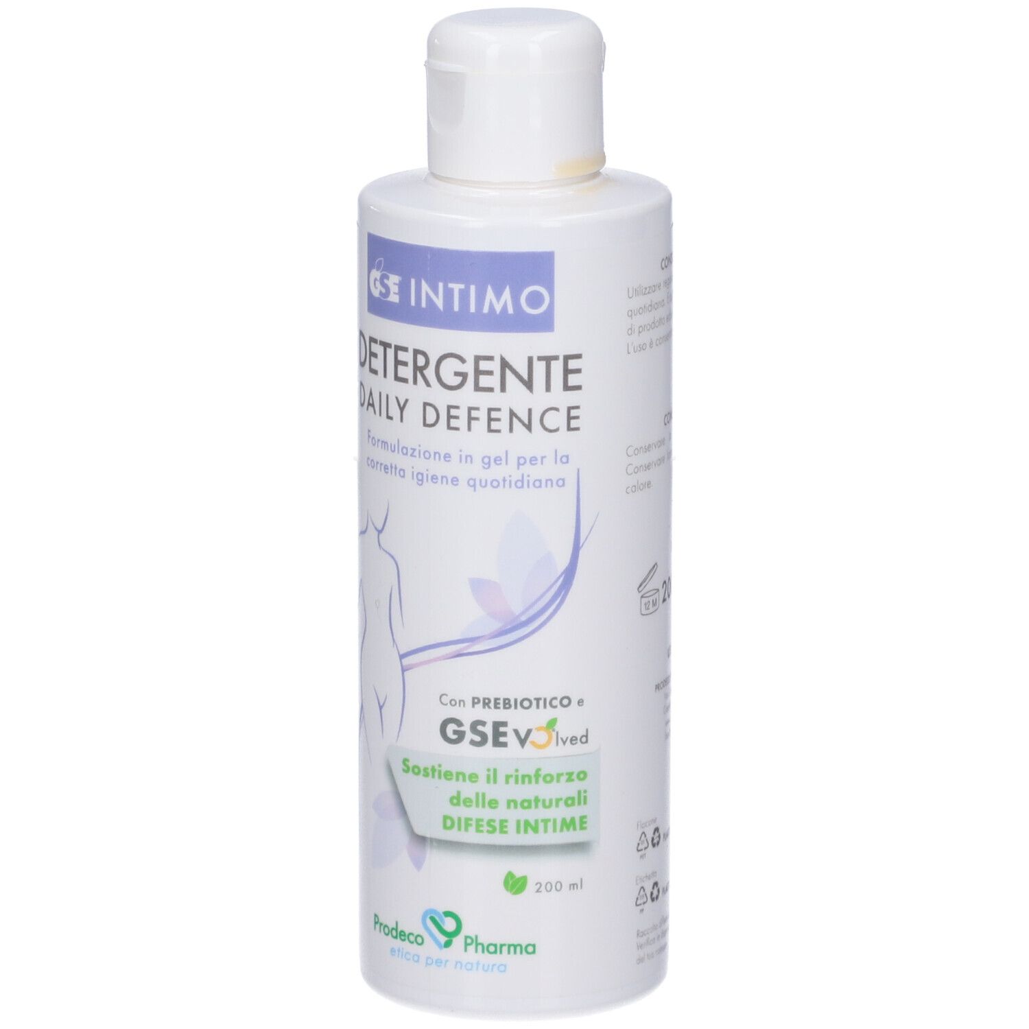 Flacone bianco con tappo a vite. Testo: GSE Intimo Detergente Daily Defence. 200 ml.