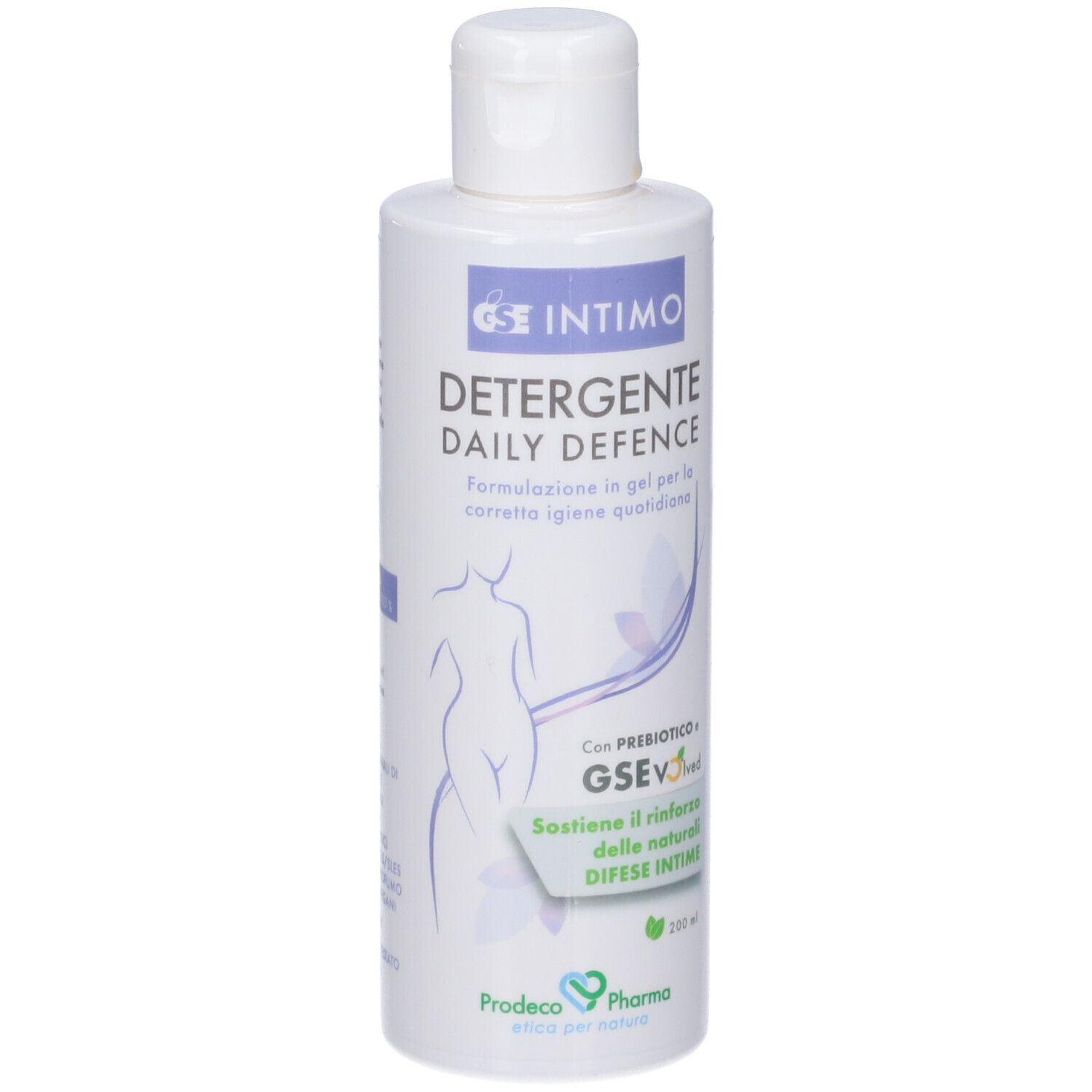 Flacone bianco con tappo a vite. Testo: GSE Intimo Detergente Daily Defence. 200 ml.