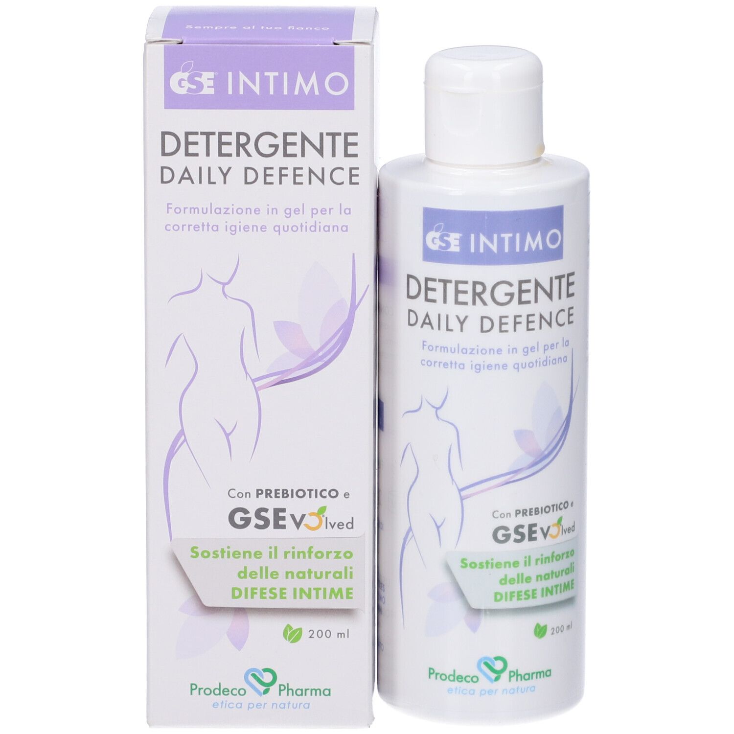 Confezione e flacone. Testo: GSE Intimo Detergente Daily Defence. 200 ml.