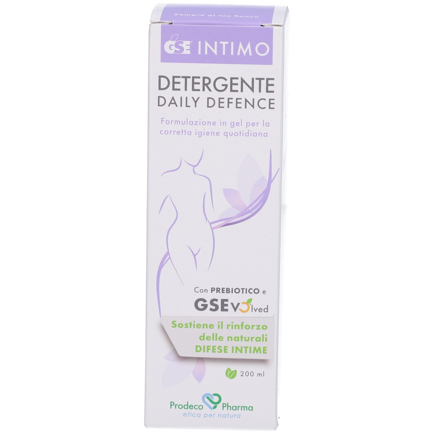Confezione del prodotto. Testo: GSE Intimo Detergente Daily Defence. 200 ml.