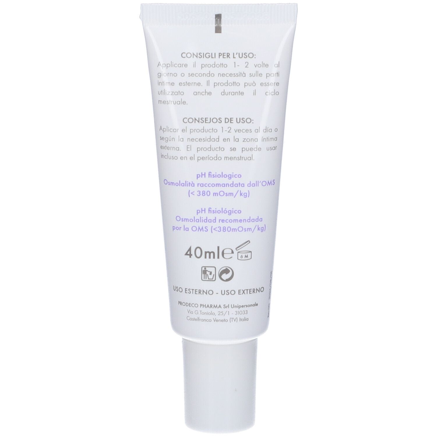 Retro del tubo con istruzioni in italiano e spagnolo. Contiene informazioni sull'uso e sul pH.