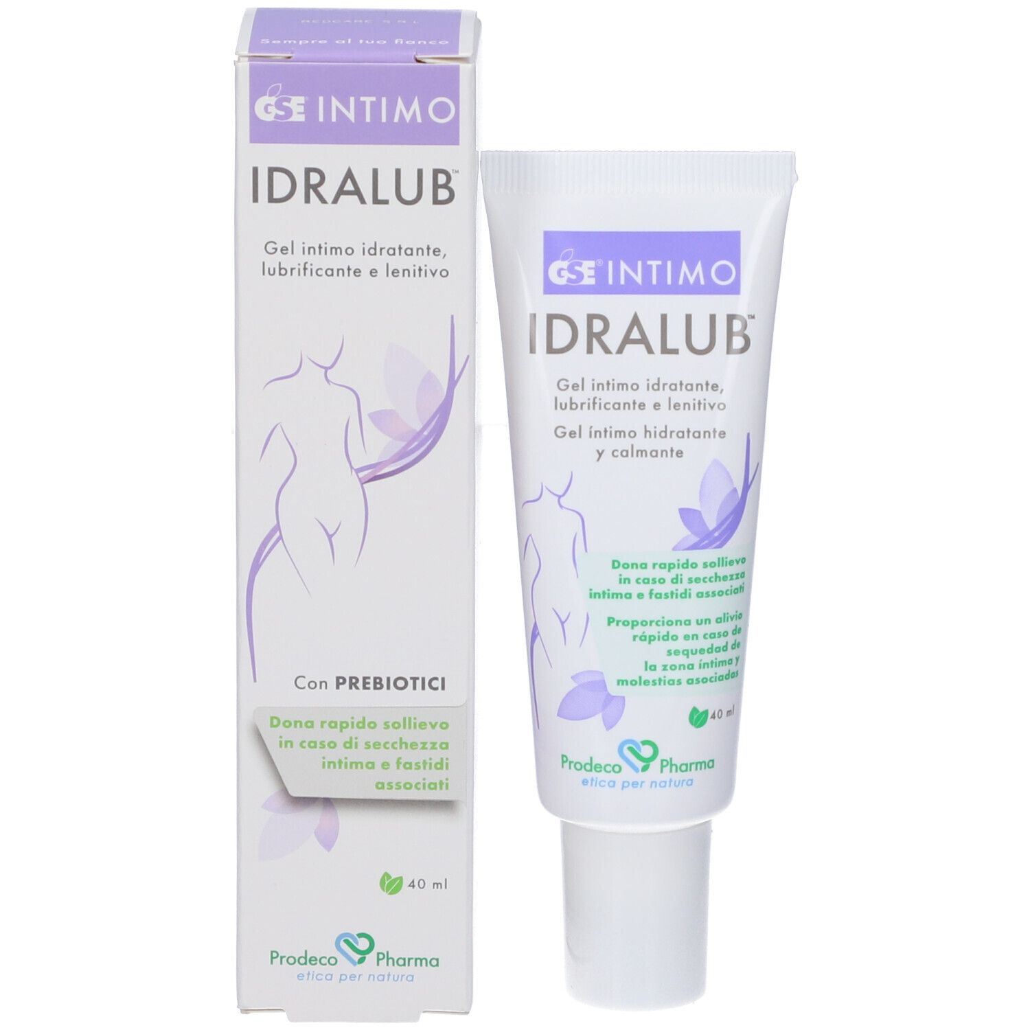 Confezione del prodotto con tubo e scatola. Entrambi mostrano GSE Intimo Idralub. Scatola con scritta 'Con Prebiotici'.