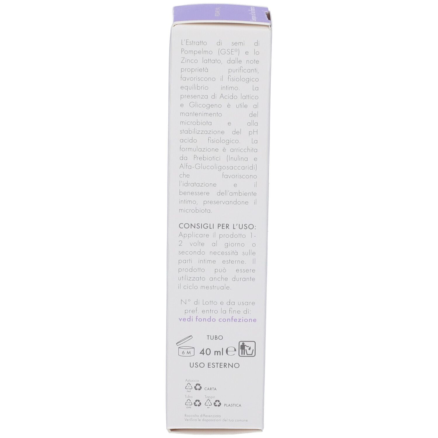 Lato della scatola con GSE Intimo Idralub. Contiene informazioni sugli ingredienti e le istruzioni per l'uso.
