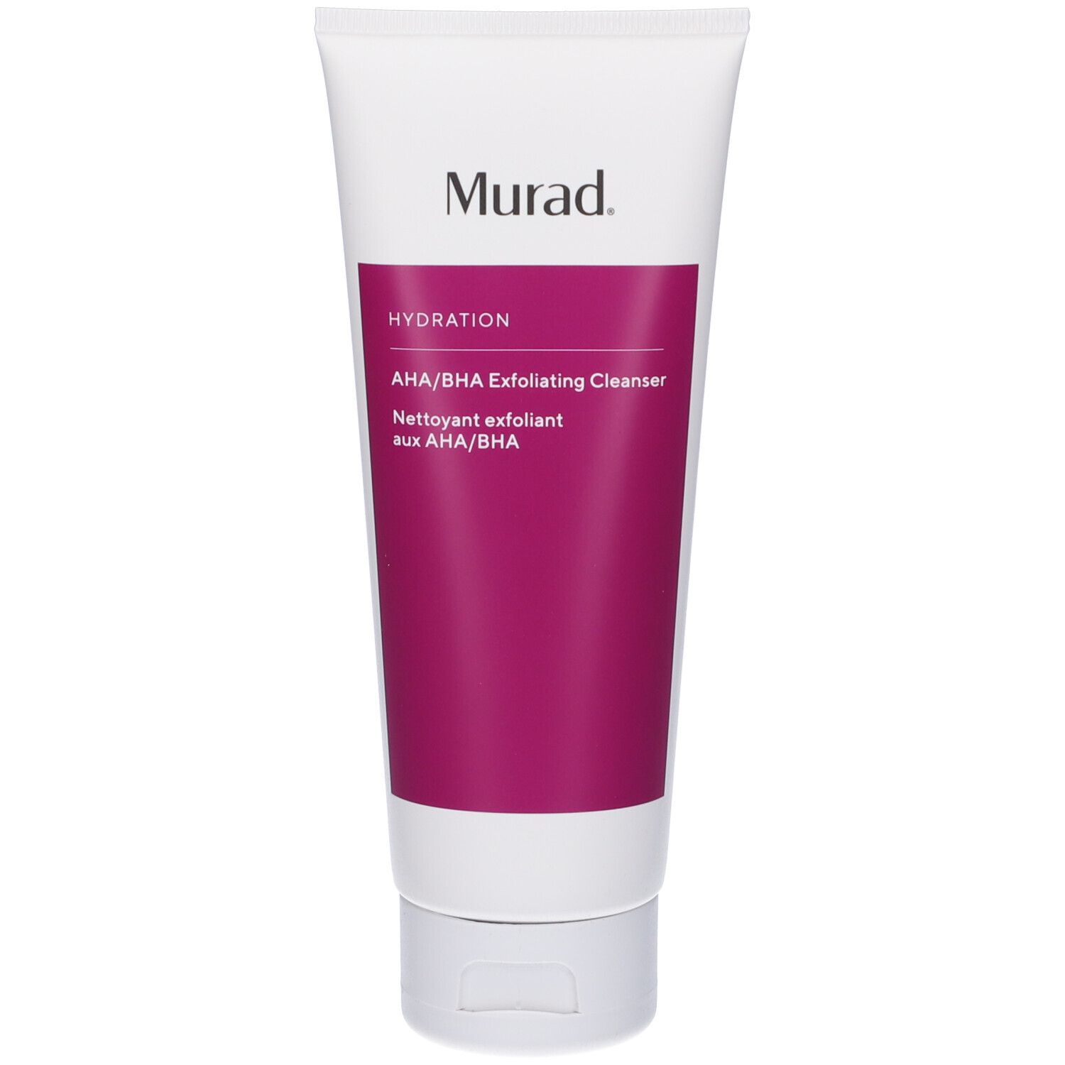 Tubo bianco con fascia viola. Testo: Murad, Hydration, AHA/BHA Exfoliating Cleanser. Tappo in basso.