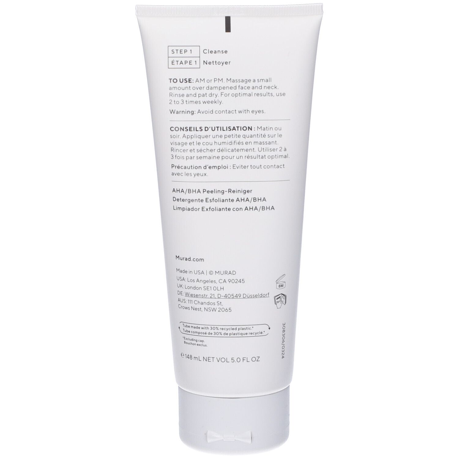 Retro del tubo. Testo: AHA/BHA Peeling-Reiniger, istruzioni per l'uso, ingredienti, Murad.